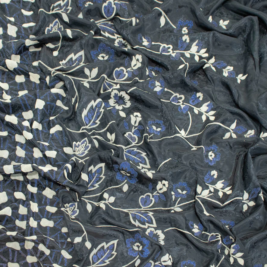 Navy Flocked Floral Embossed Jacquards - Image 2