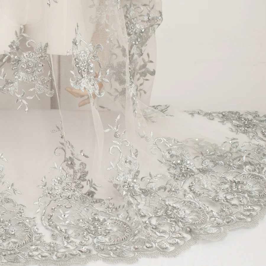 Pearl/Beaded Embroidery Chantilly Lace Silver - Image 3