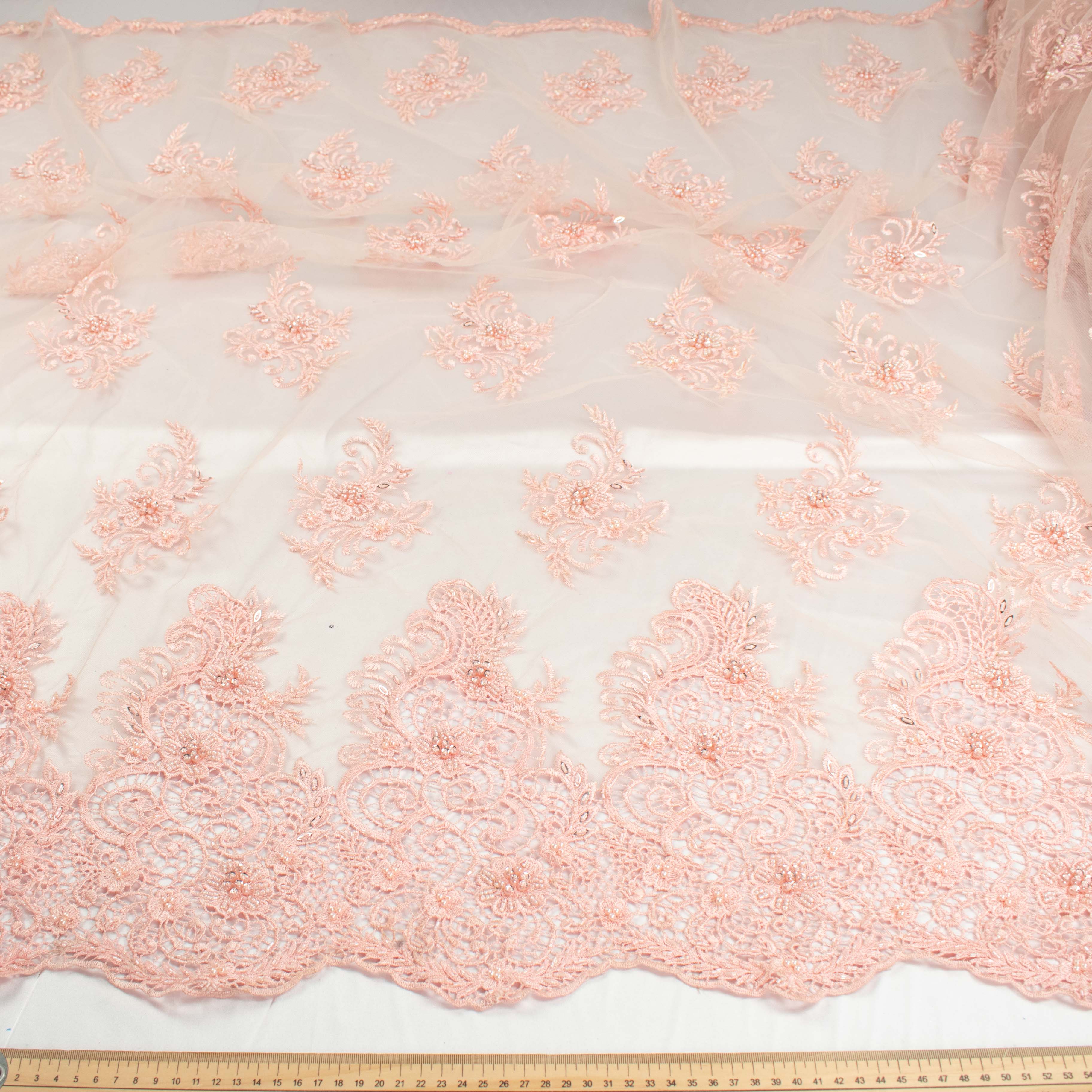 Pearl Beaded Flower Embroidery With Guipure Lace Baby Pink - Image 3