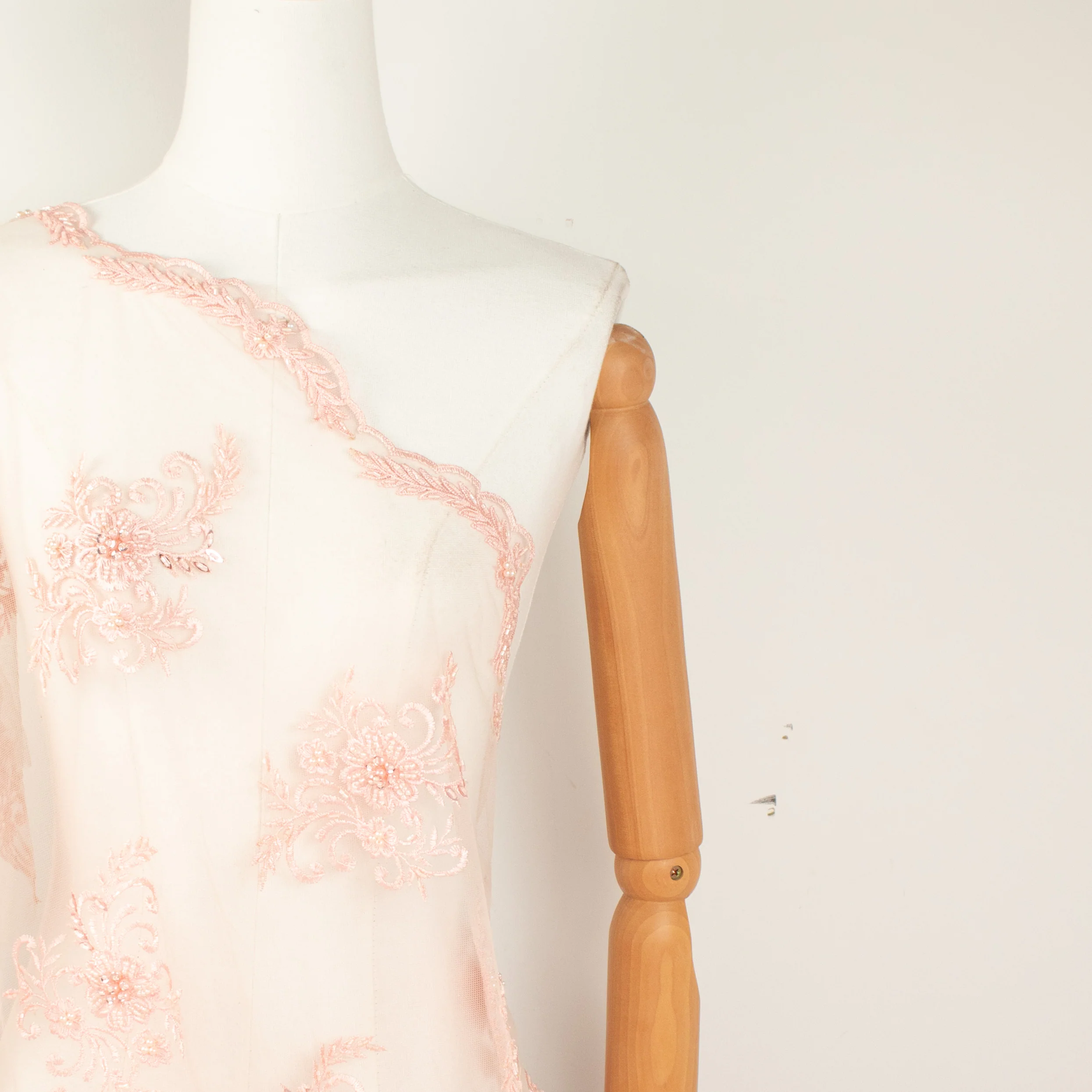 Pearl Beaded Flower Embroidery With Guipure Lace Baby Pink - Image 4
