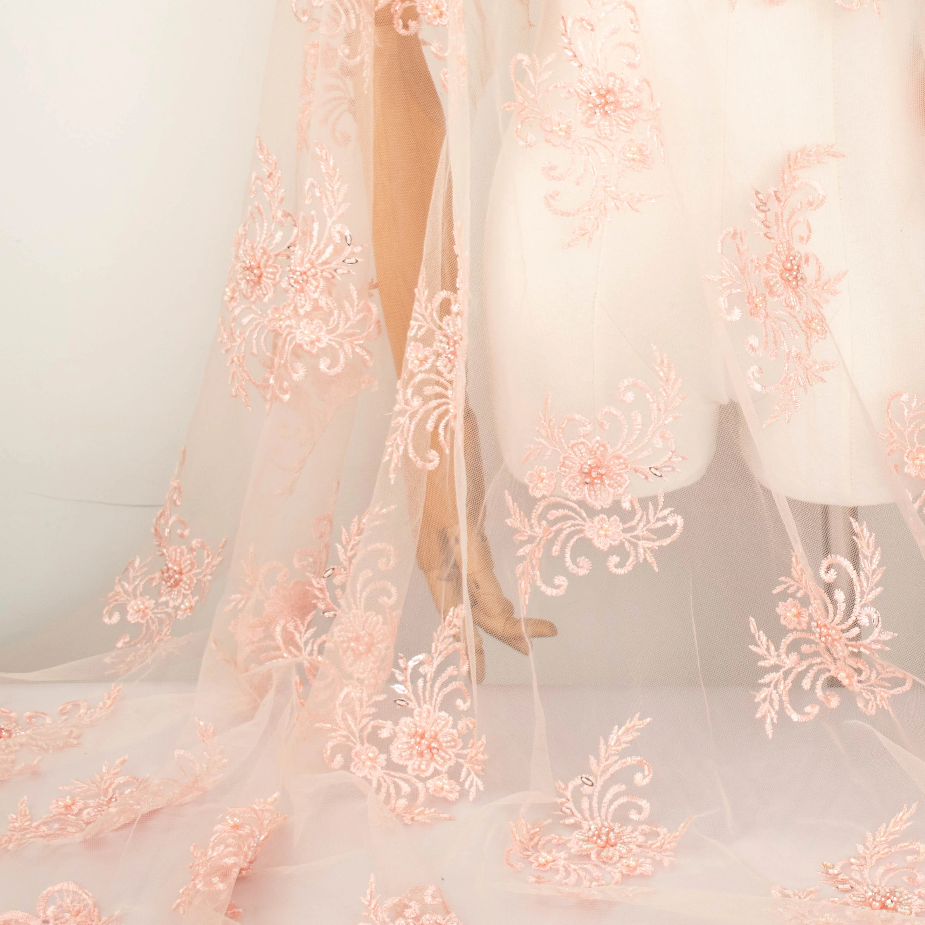 Pearl Beaded Flower Embroidery With Guipure Lace Baby Pink - Image 5