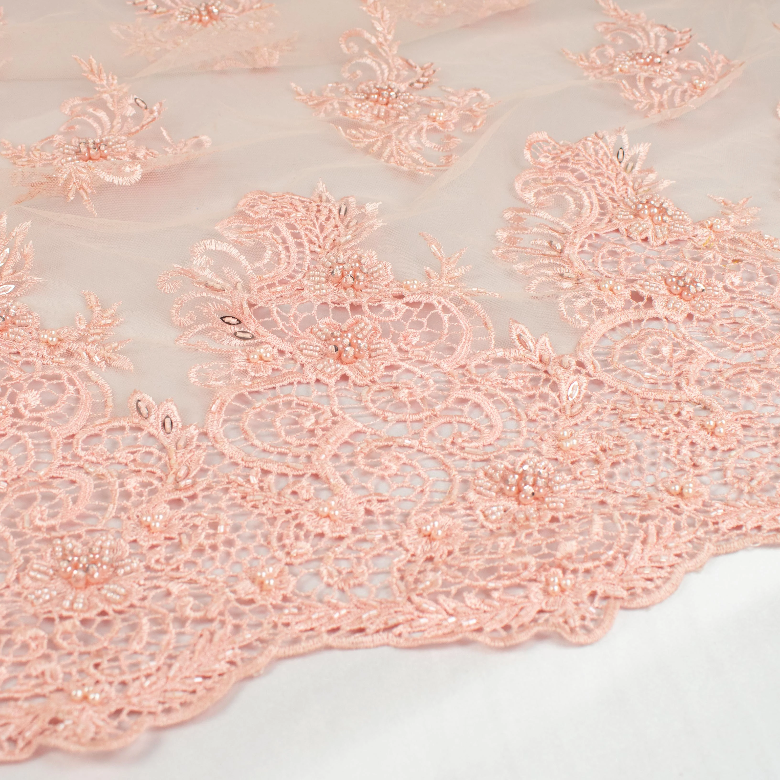 Pearl Beaded Flower Embroidery With Guipure Lace Baby Pink - Image 6
