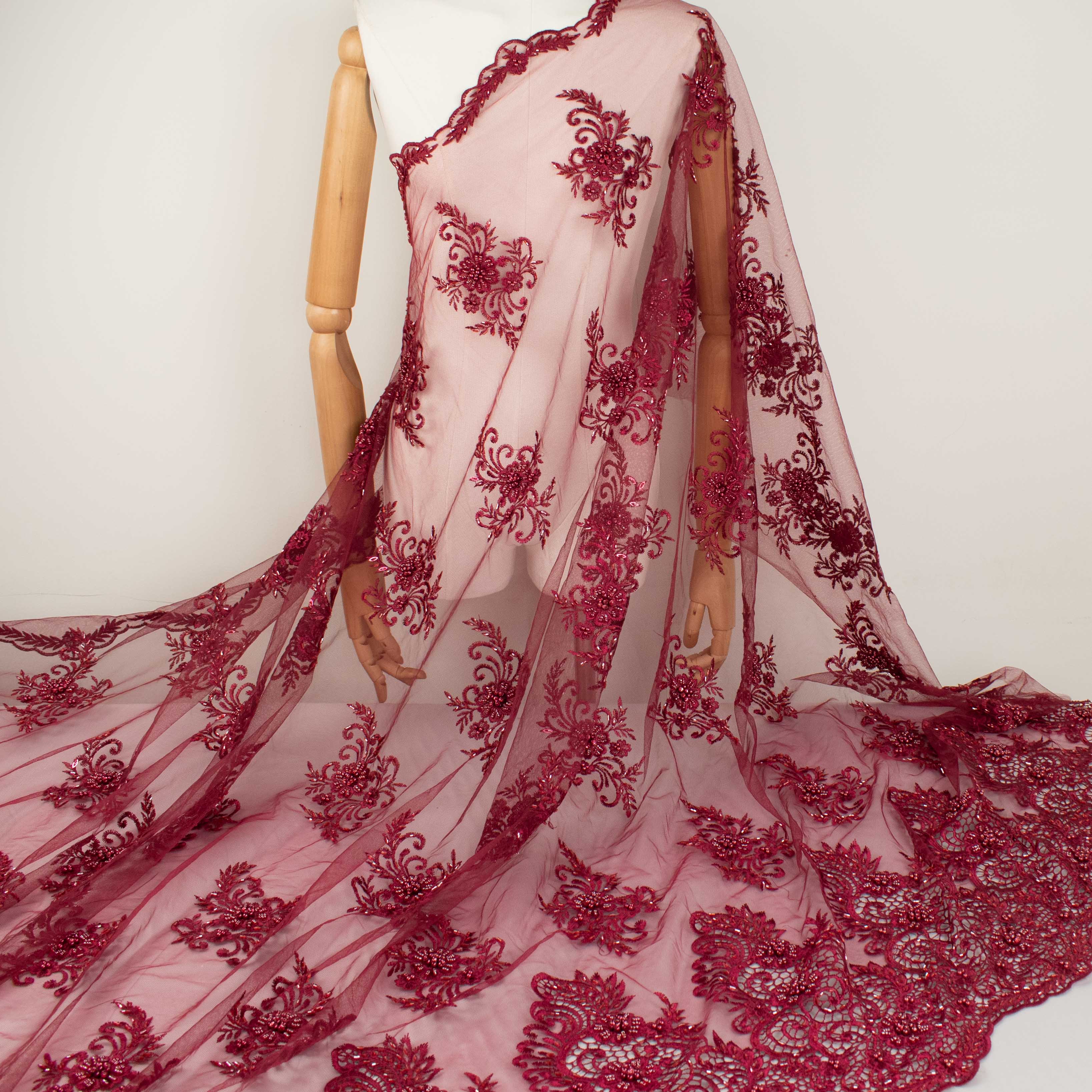 Pearl Beaded Flower Embroidery With Guipure Lace Maroon - Image 3