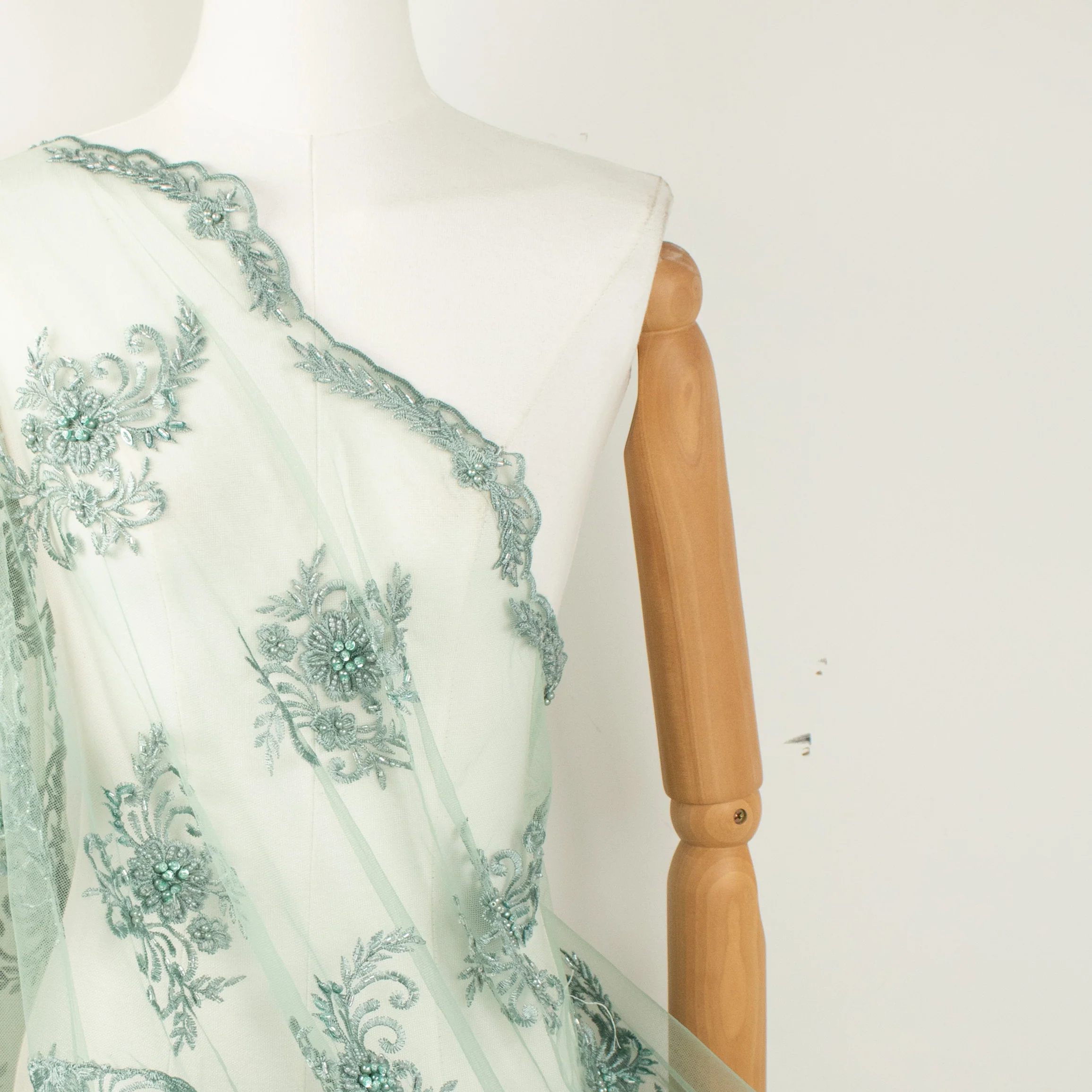 Pearl Beaded Flower Embroidery With Guipure Lace Teal - Image 6