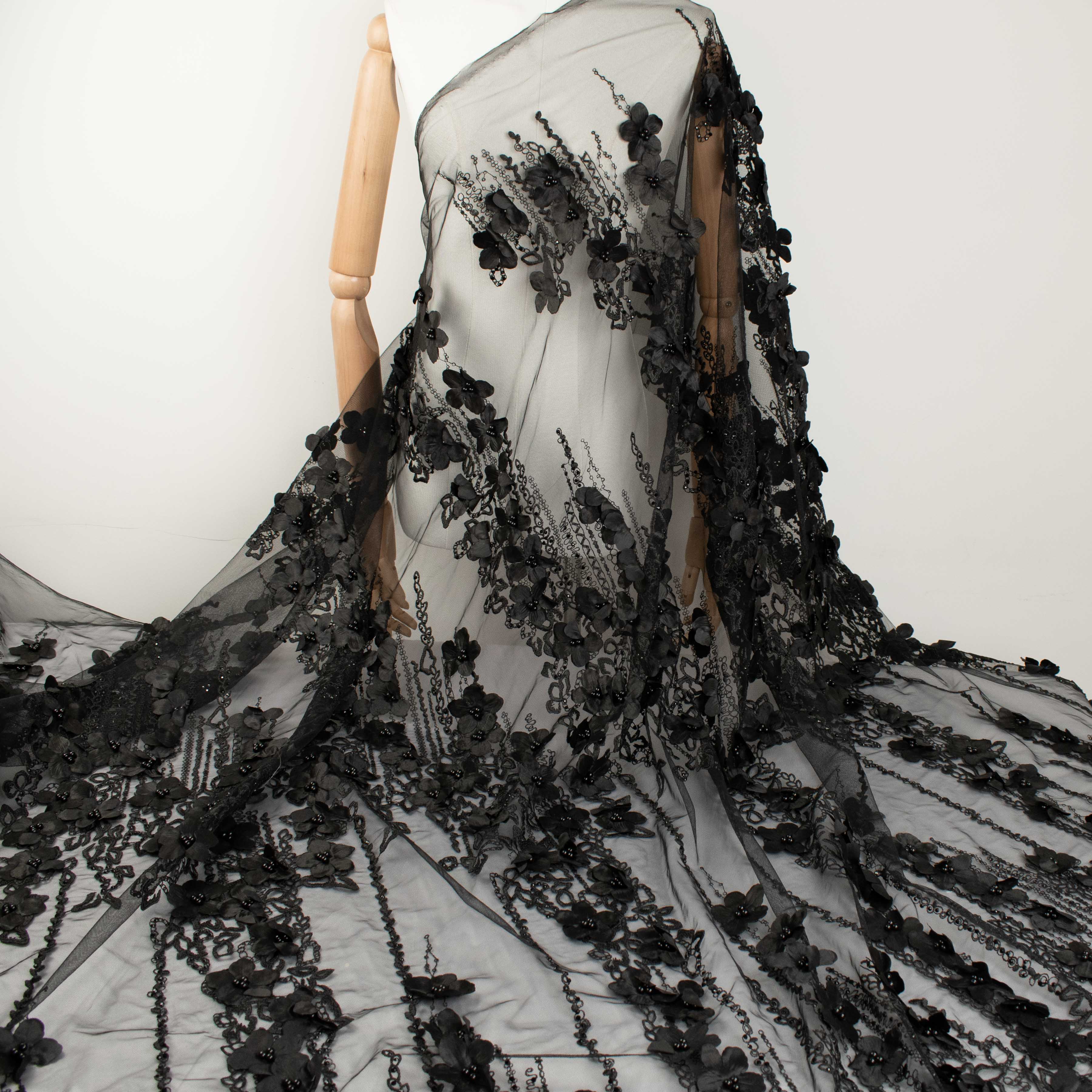 Pearl Embroidery 3D Flower Lace Black - Image 3