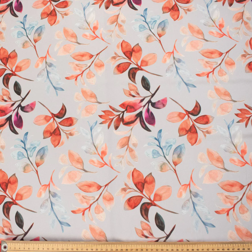 Pearl Silk Crush Digital Prints Design 3 Red Leaves on Grey - Image 2