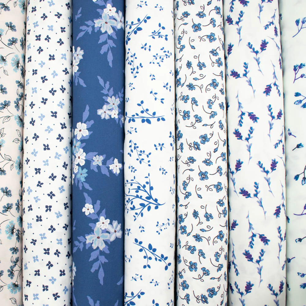 Petite Studio Blue Collection #08 Blue & Purple Small Leaves on White Cotton Prints - Image 2
