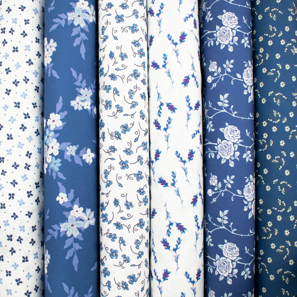Petite Studio Blue Collection #02 White & Lilac Small Flower on Blue Cotton Prints - Image 2