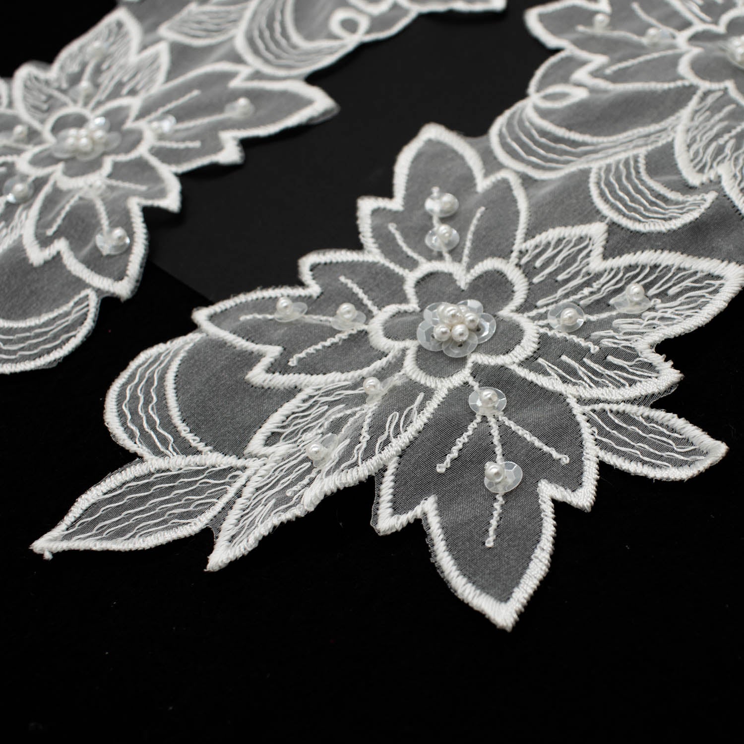Premium Bridal Flower Embroidered Lace Motif with Sequins & Pearl Design-4 White - Image 2