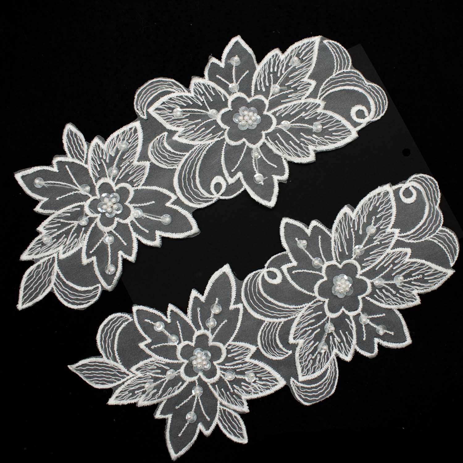 Premium Bridal Flower Embroidered Lace Motif with Sequins & Pearl Design-4 White - Image 3
