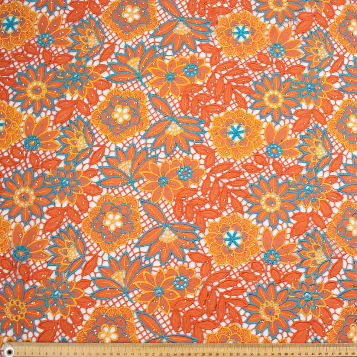 Premium Heavy Floral Embroidered Guipure Lace SS41961-Orange with Diamanté - Image 2
