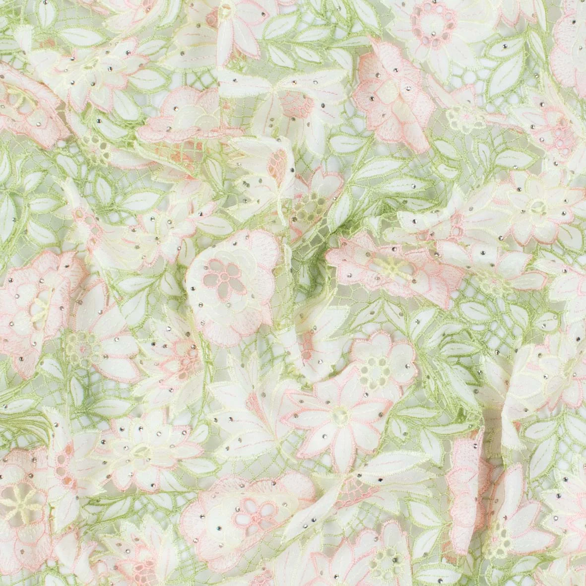 Premium Heavy Floral Embroidered Guipure Lace SS41961-Pink & Green with Diamanté - Image 4