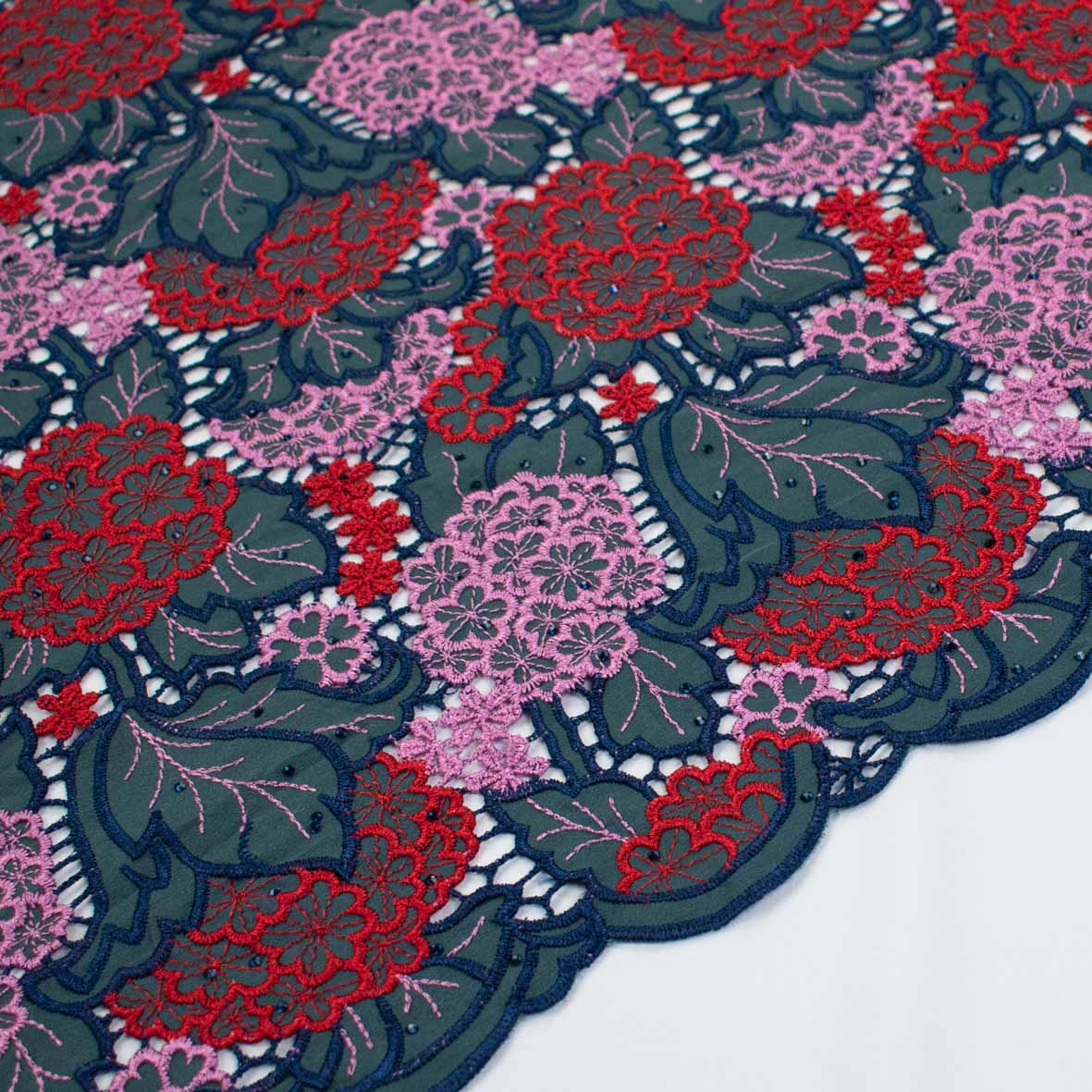 Premium Heavy Floral Embroidered Guipure Lace SS41962-Blue & Red with Diamanté - Image 5