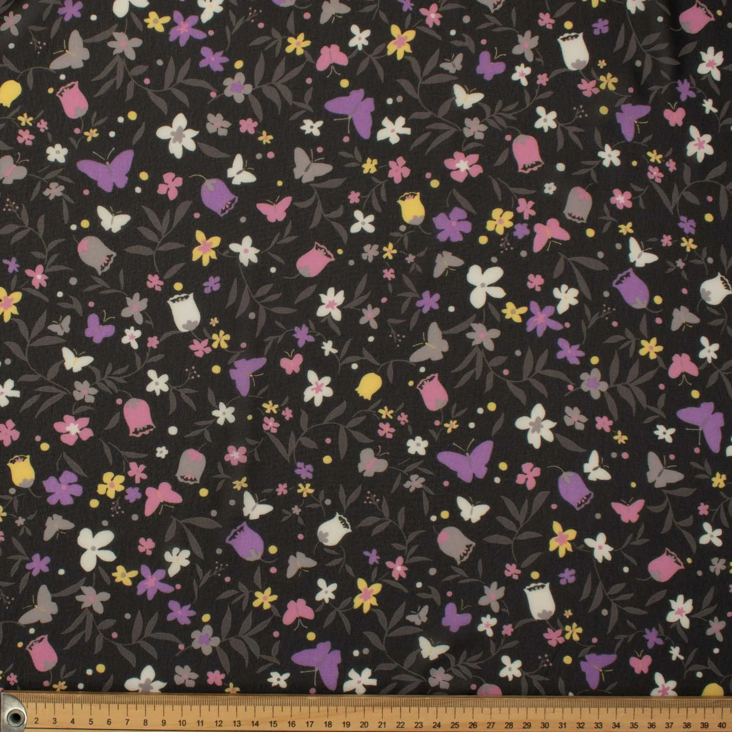 Printed Chiffon Design-6 Pink & Yellow Florals on Black - Image 4