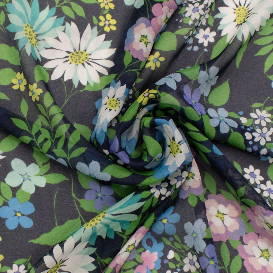 Printed Chiffon Design-244 Purple & Blue Flowers Blossom on Navy - Image 2