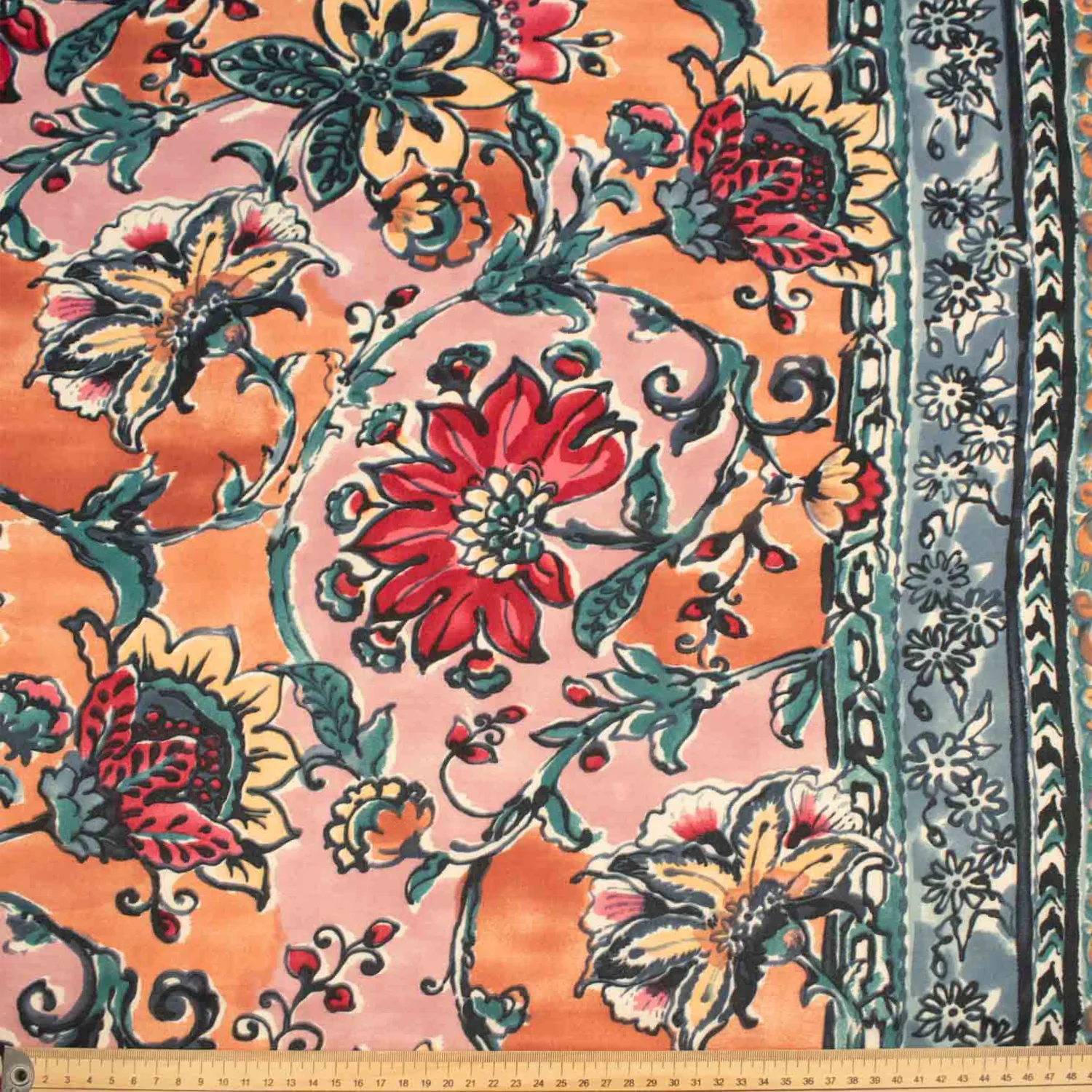 Printed Chiffon Red & Orange Batik Flowers on Baby Pink - Image 4