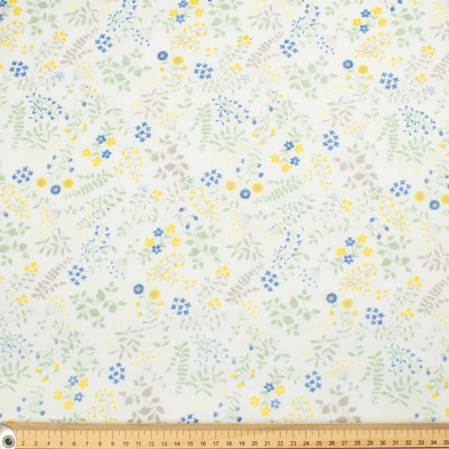 Printed Cotton Voile Design-15 Yellow Small Florals & Green Leaves on Ivory - Image 3