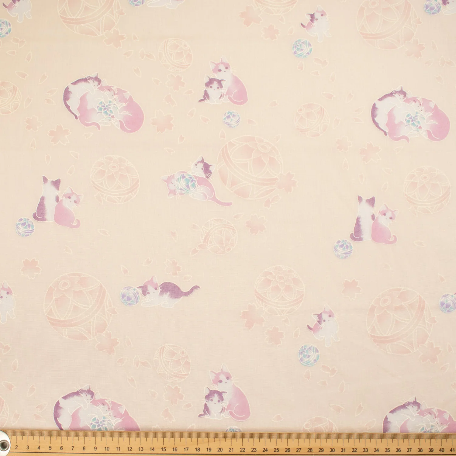 Printed Cotton Voile Design-34 Pink Cats Play Flower Balls on Cream - Image 2
