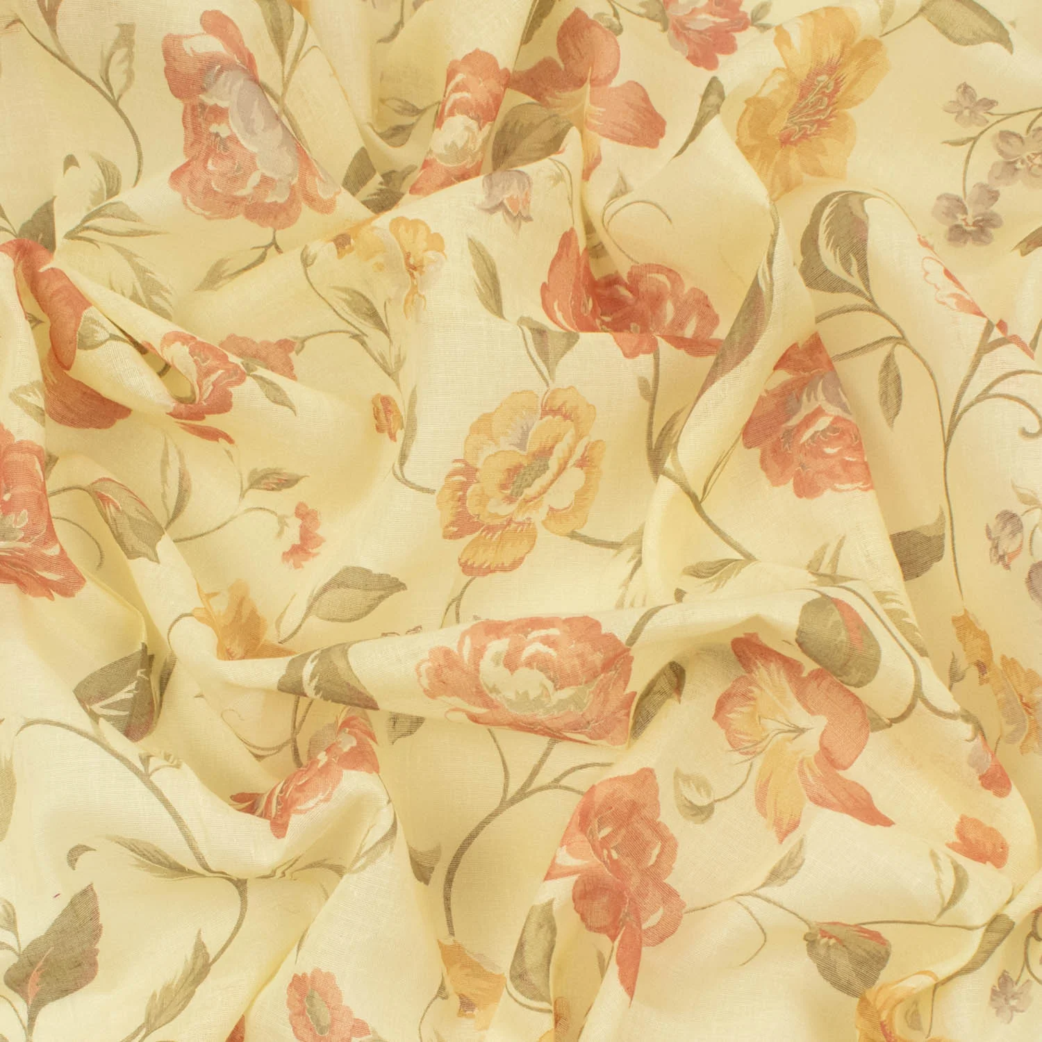 Printed Cotton Voile Design-D5 Orange Flowers on Pale Yellow