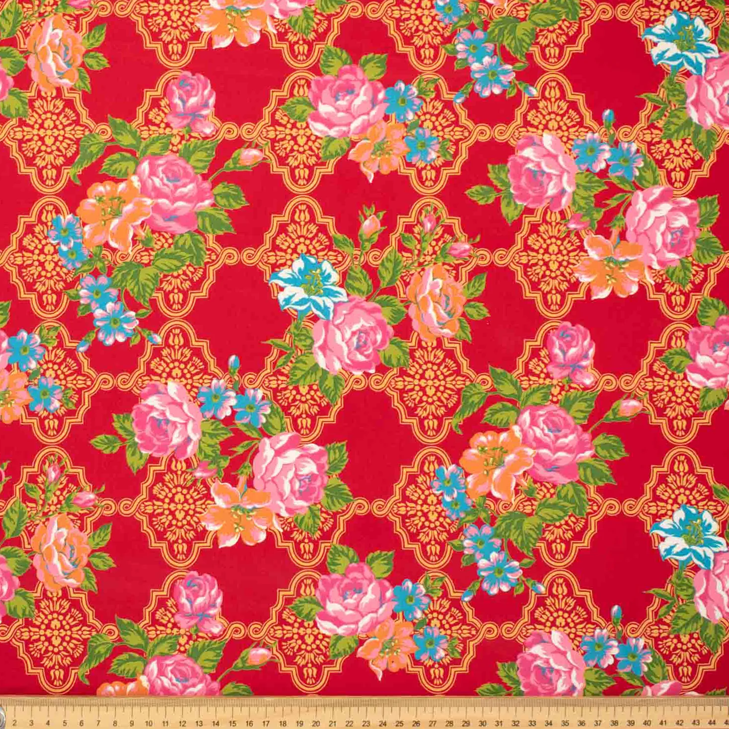Printed Crepe Design-18 Vintage Chinese Traditional Pink & Orange Flowers on Red - Image 3