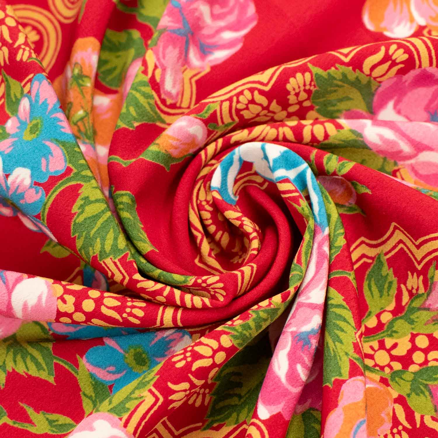Printed Crepe Design-18 Vintage Chinese Traditional Pink & Orange Flowers on Red - Image 4