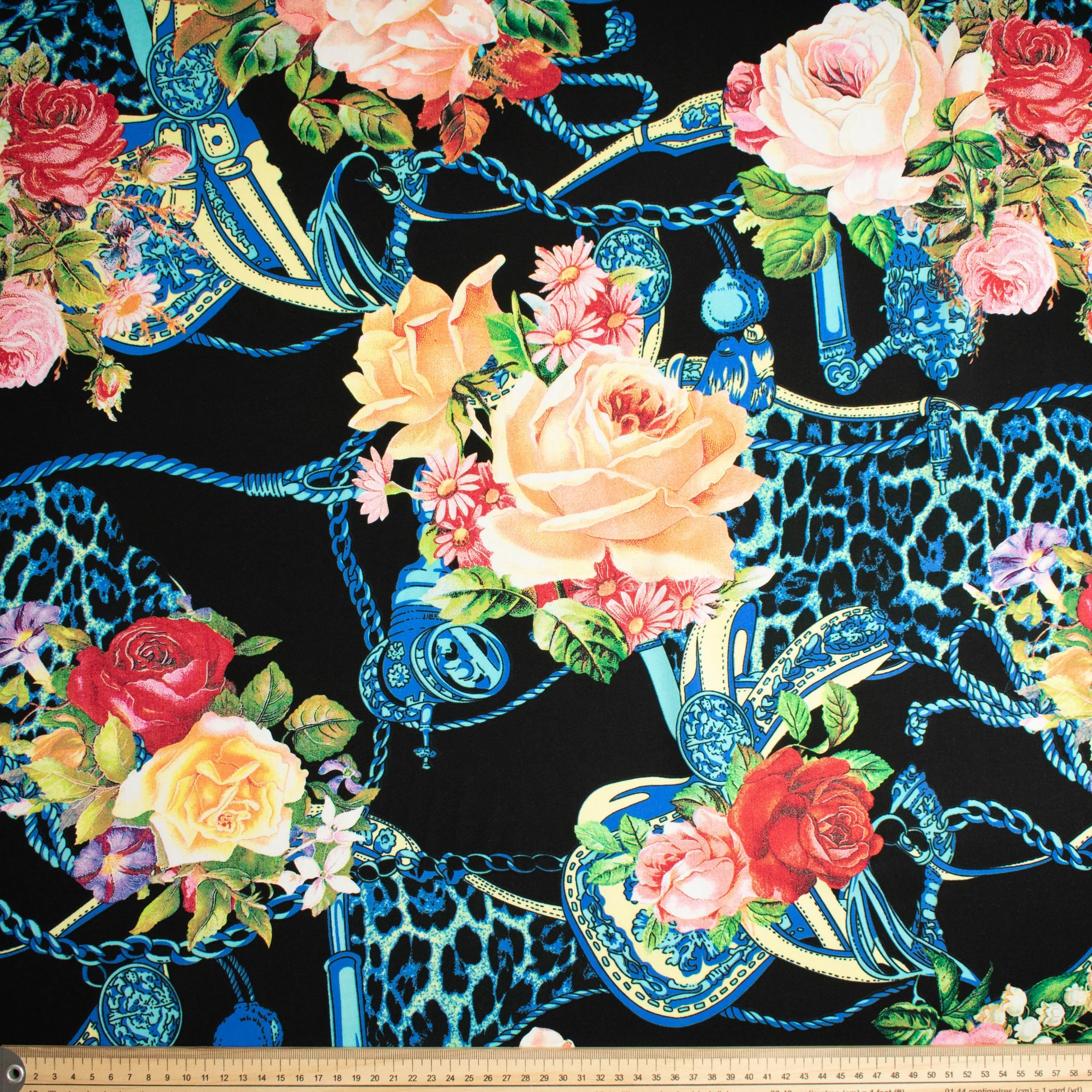 Printed Rayon Design-16 Large Cream & Red Flowers on Black - Image 2