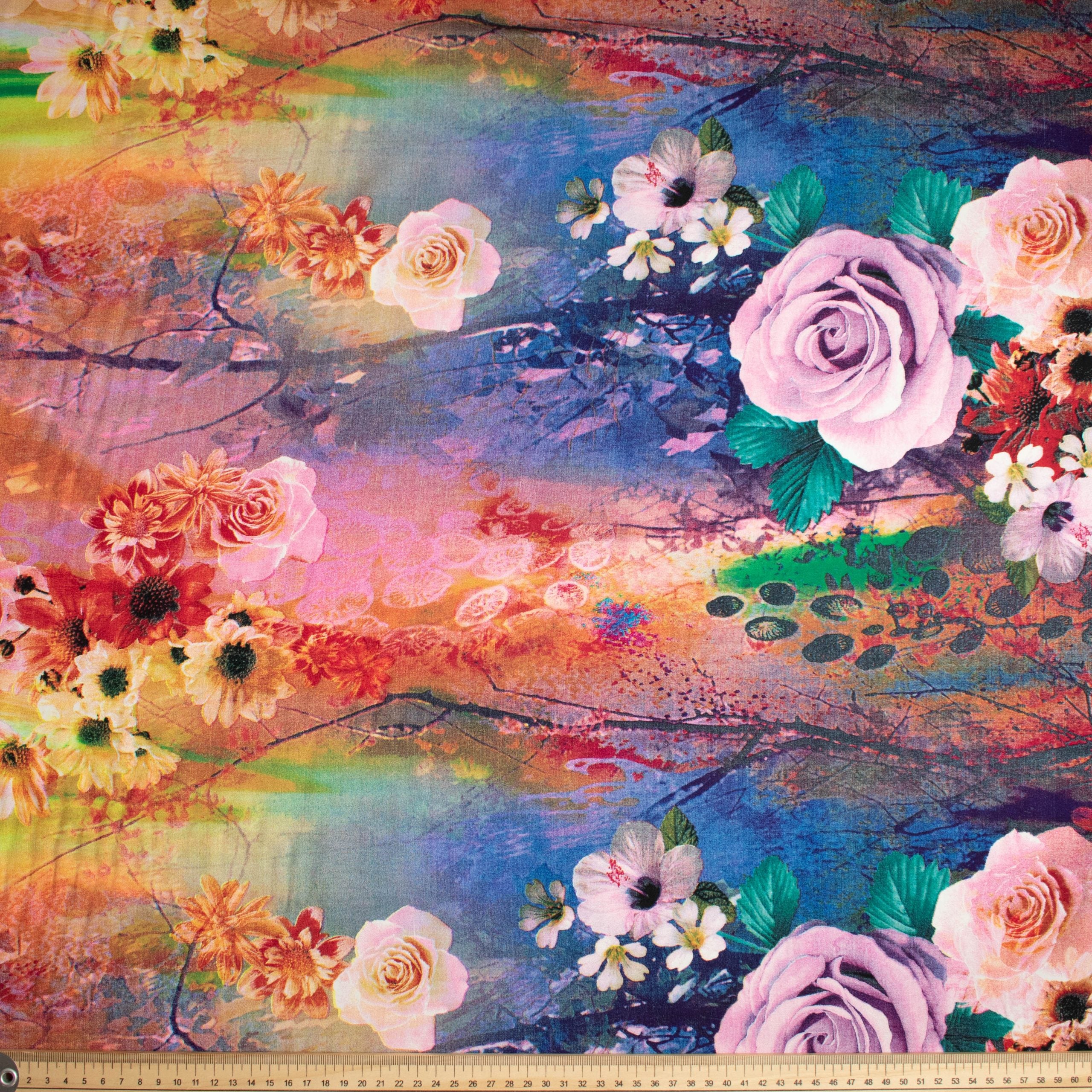 Border Printed Rayon Design-58 Flowers on Multicolor Shaded - Image 2