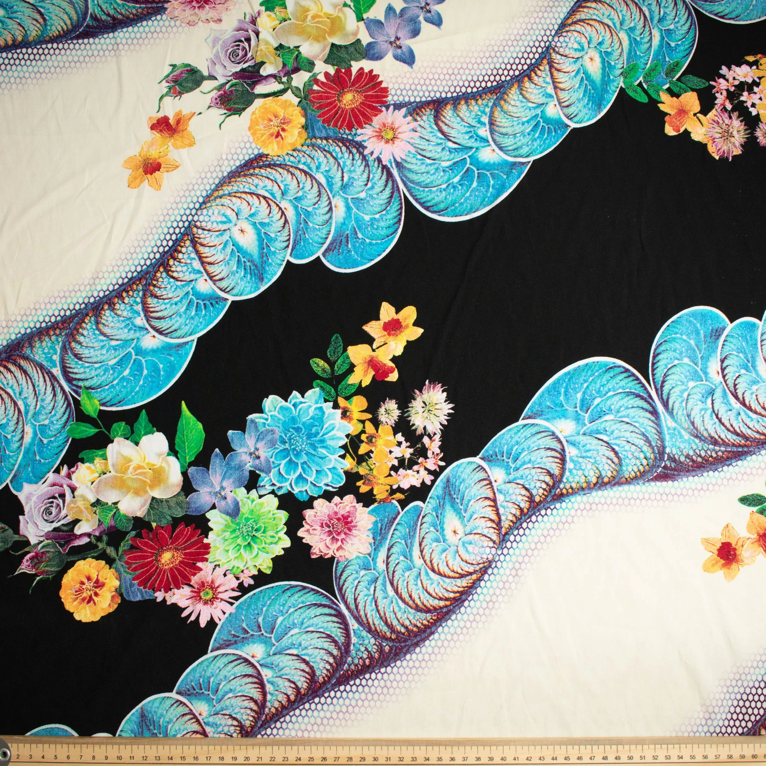 Printed Rayon Design-34 Multicolor Flowers & Blue Wave - Image 2