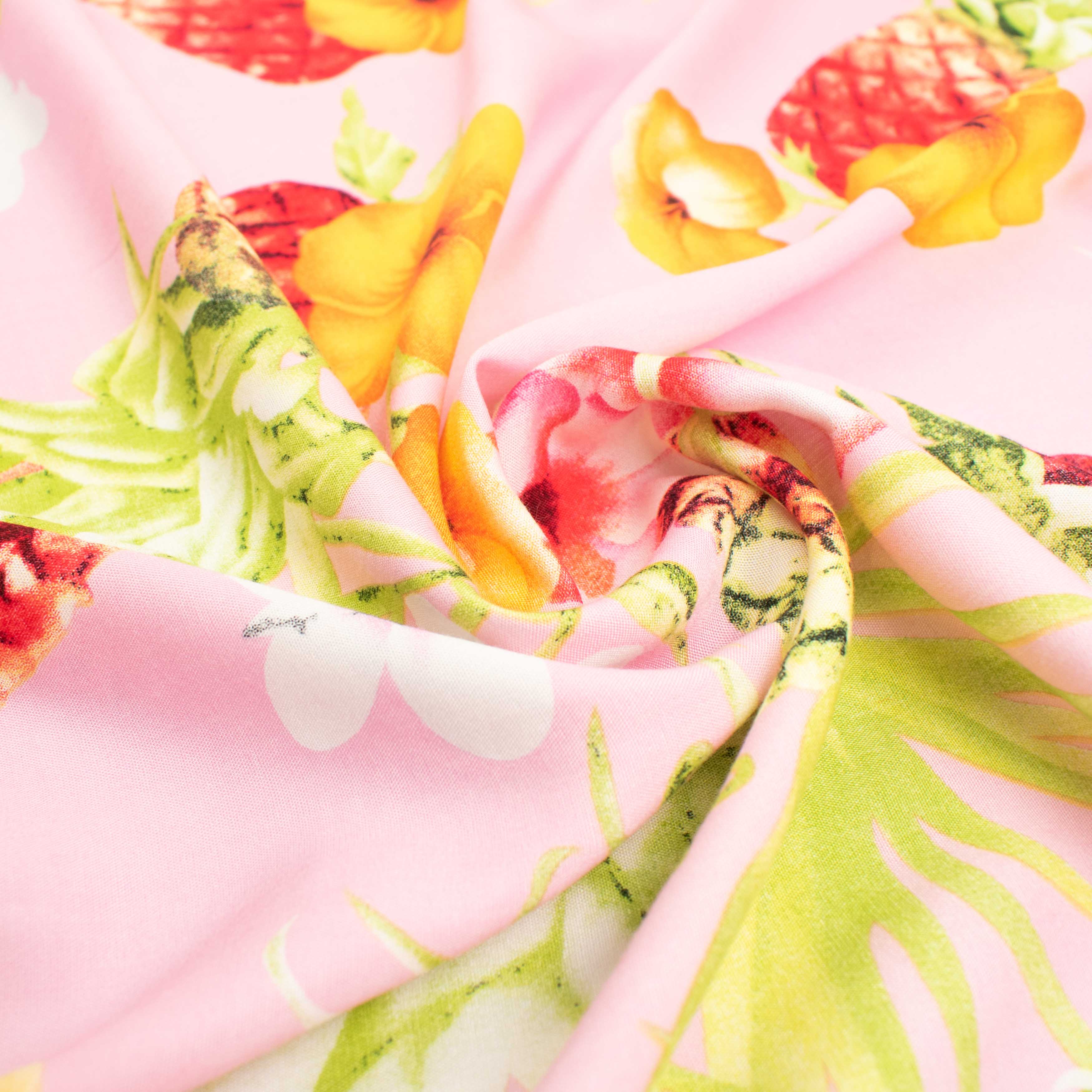 Printed Rayon Design-20 Yellow Flowers & Pineapple on Baby Pink - Image 2