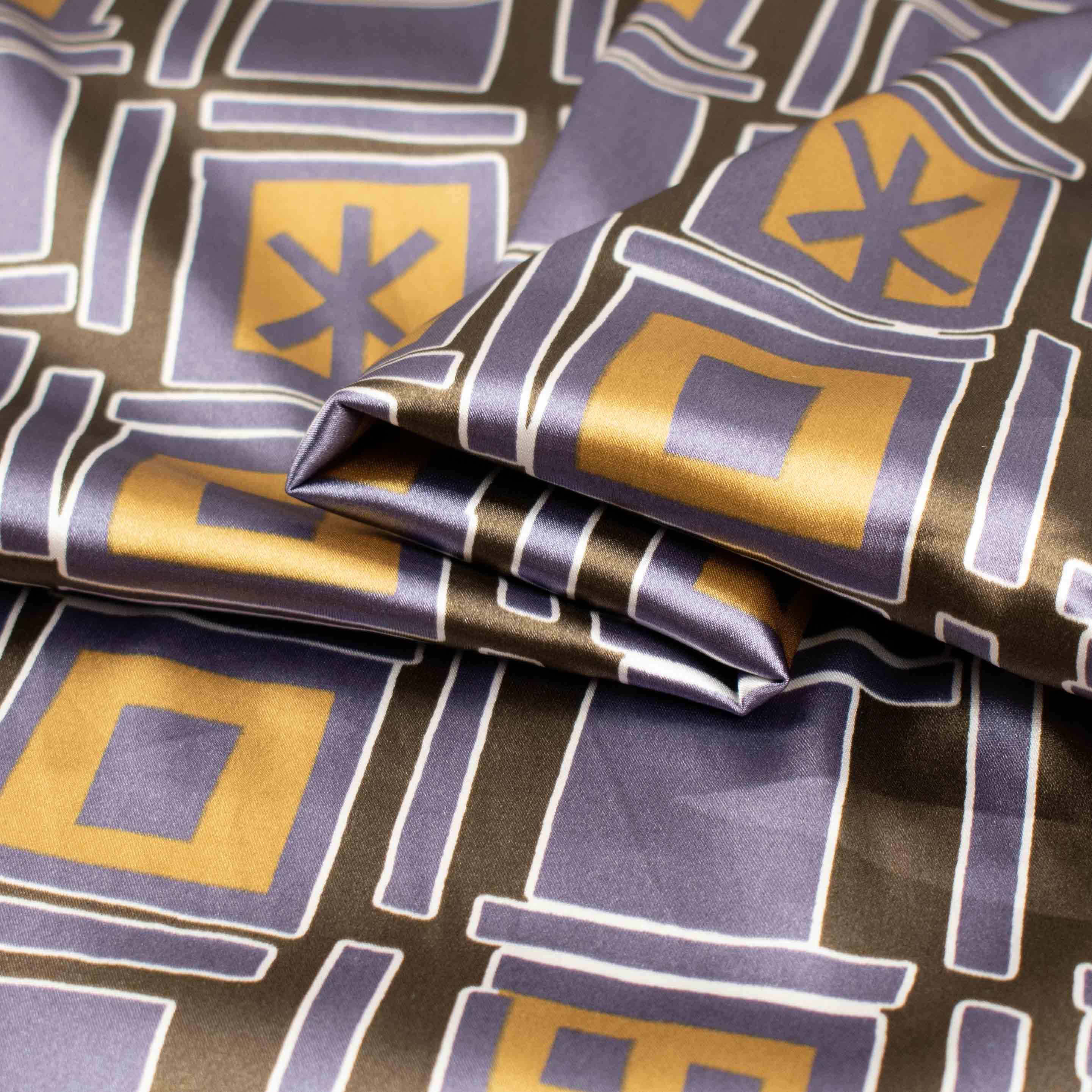 Printed Satin Design-30 Gold & Purple Squares on Brown - Image 2