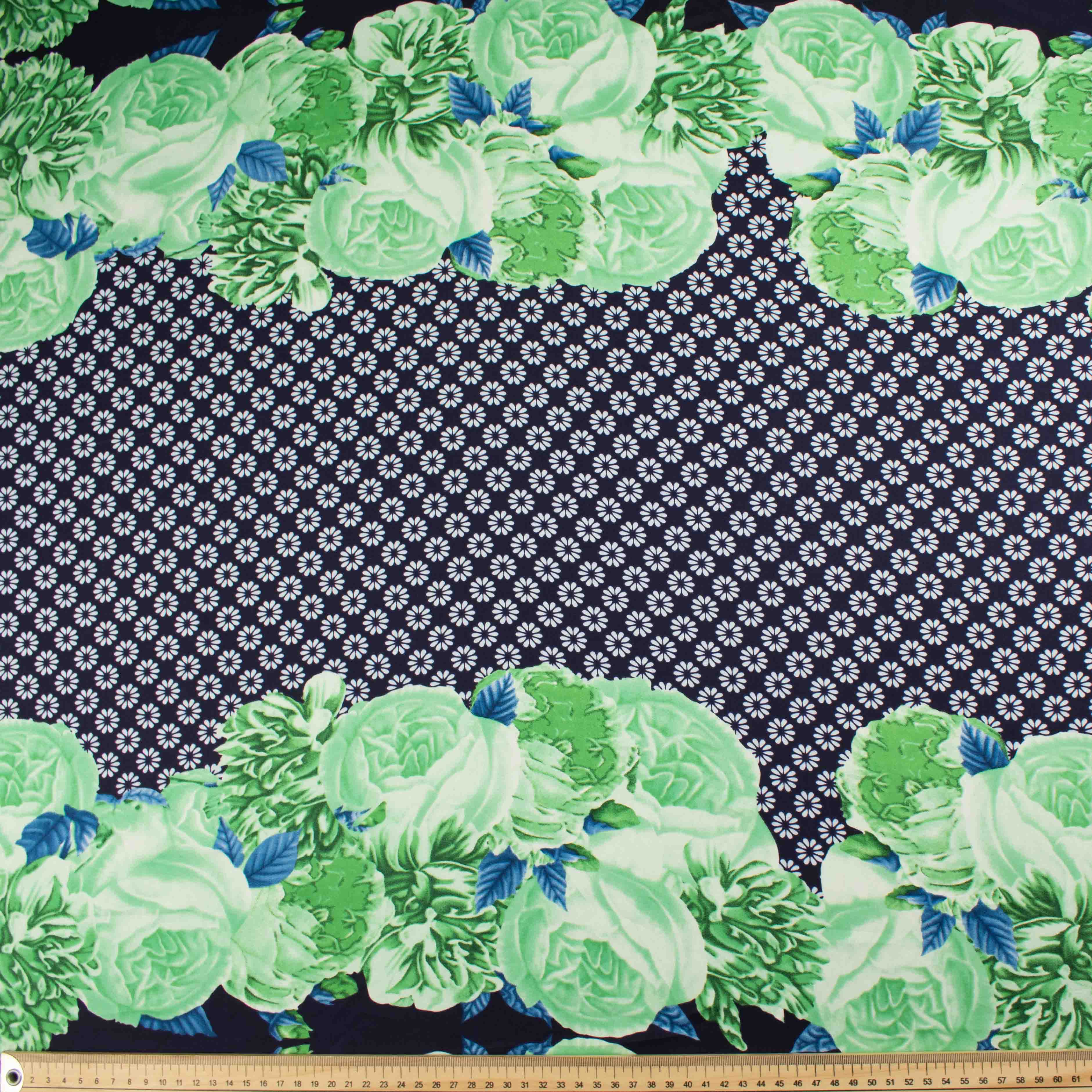 Amarylis Printed Satin Design-46 Border Mint Green Flowers on Navy - Image 2