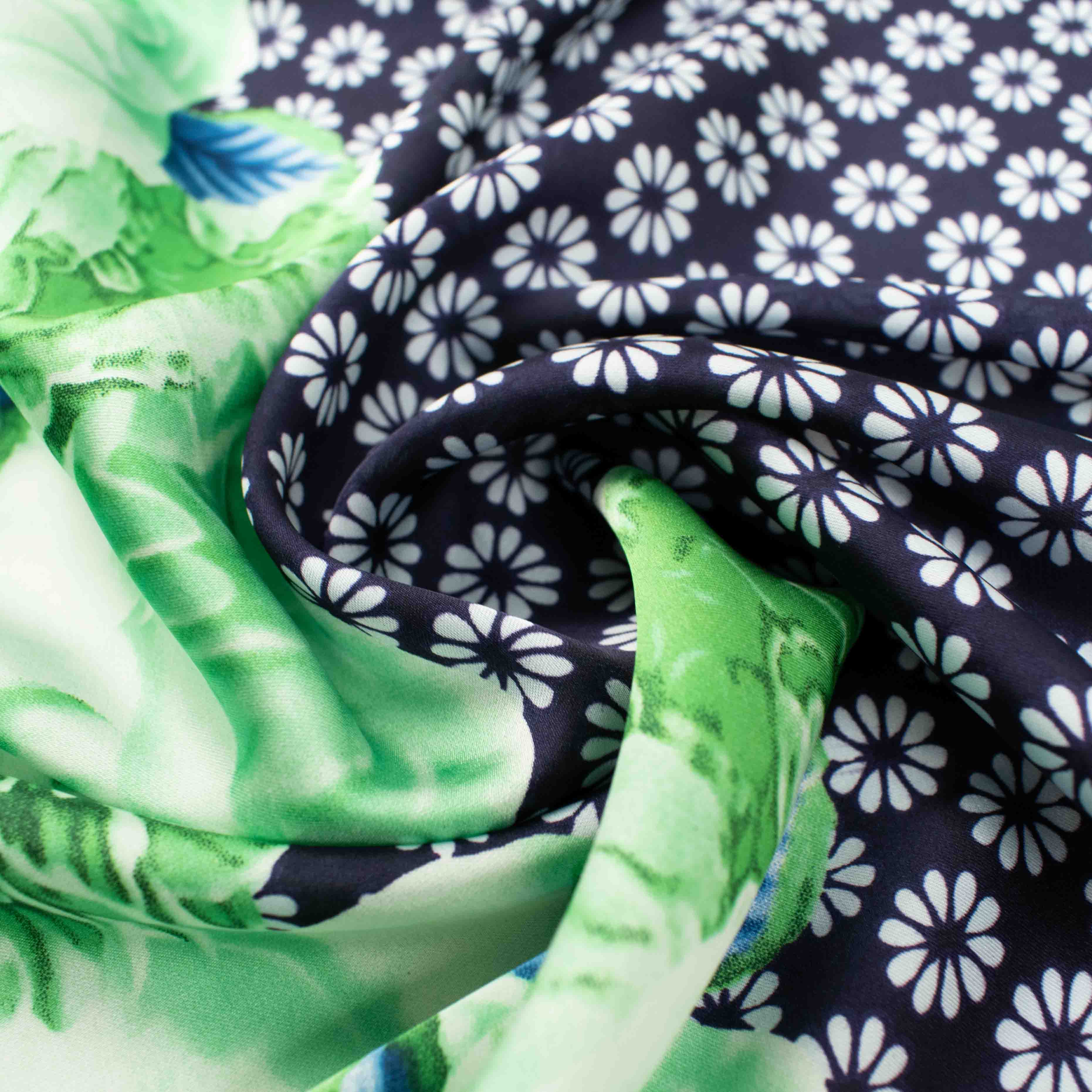 Amarylis Printed Satin Design-46 Border Mint Green Flowers on Navy - Image 3