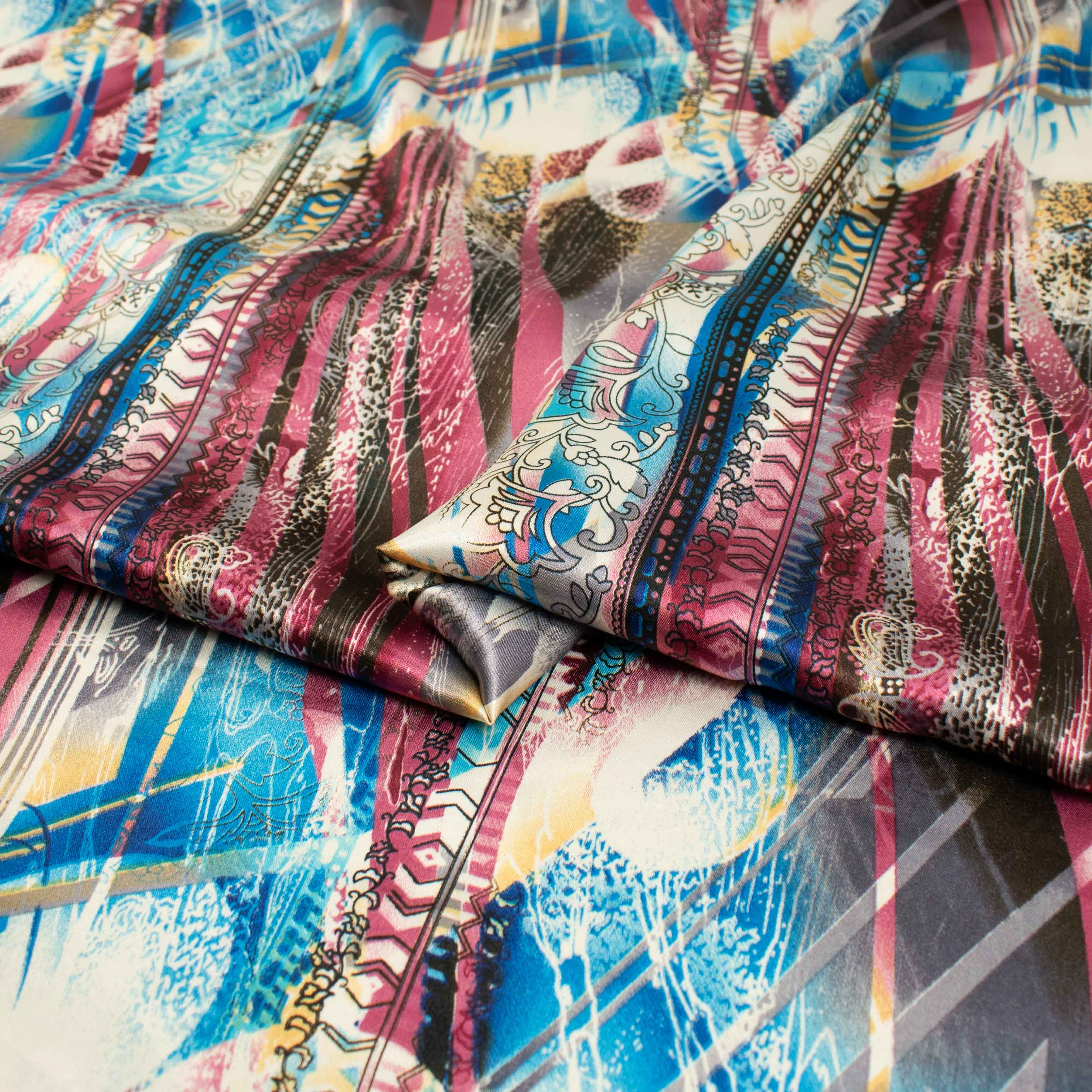 Printed Satin Design-53 Maroon & Blue Abstract - Image 2