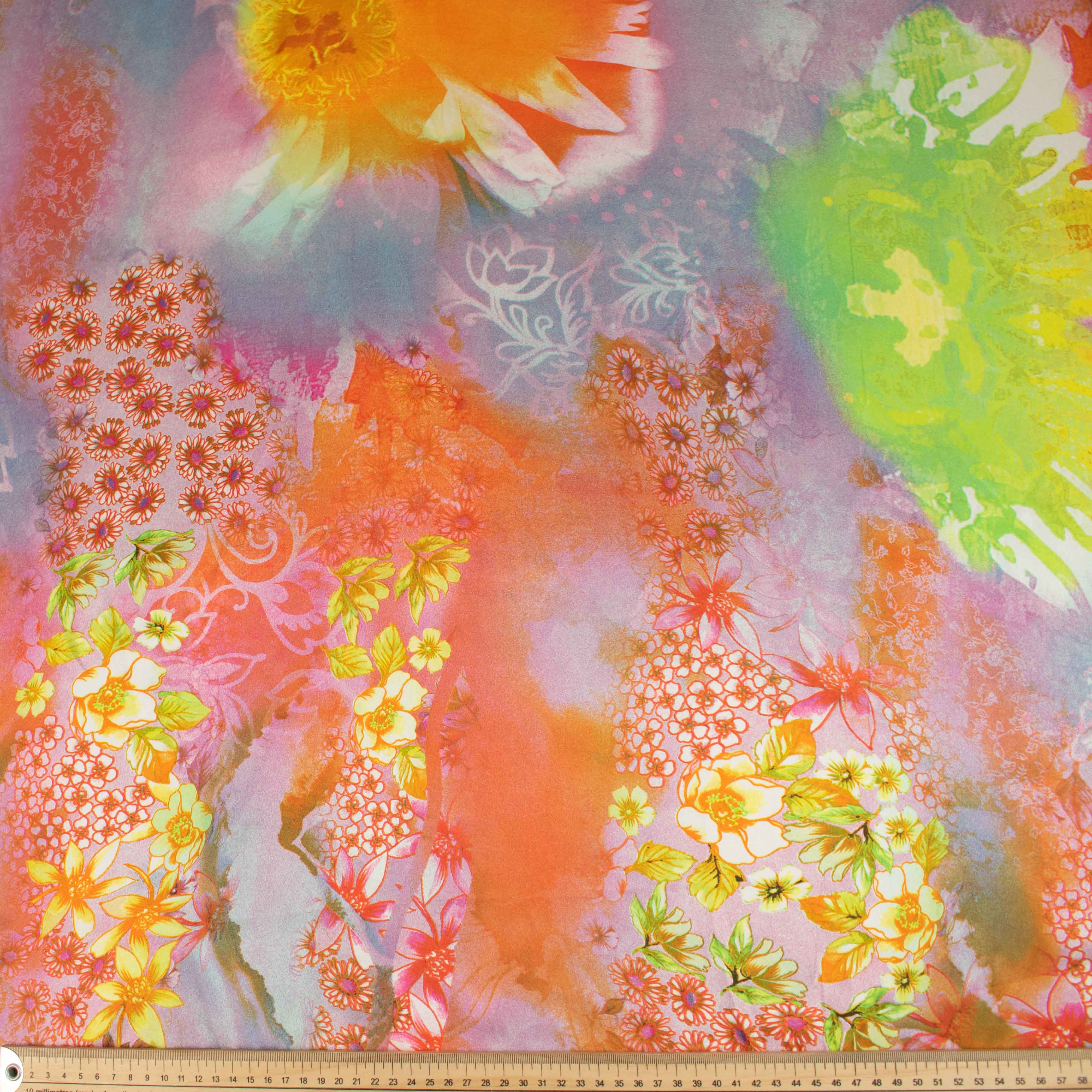 Printed Satin Design-63 Yellow Florals on Orange - Image 2