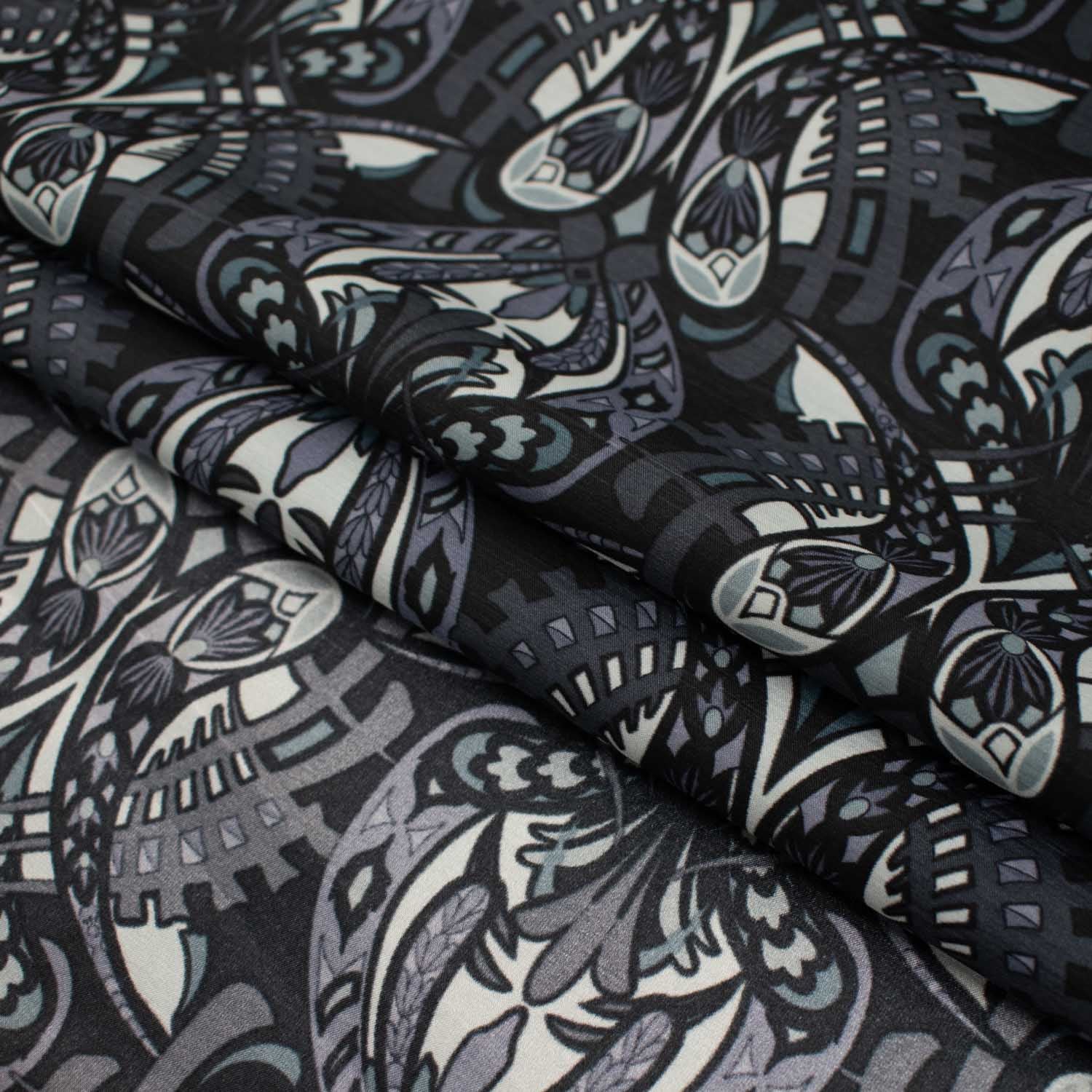 Printed Satin Lining Design-20 Grey Black Abstract Butterflies - Image 2