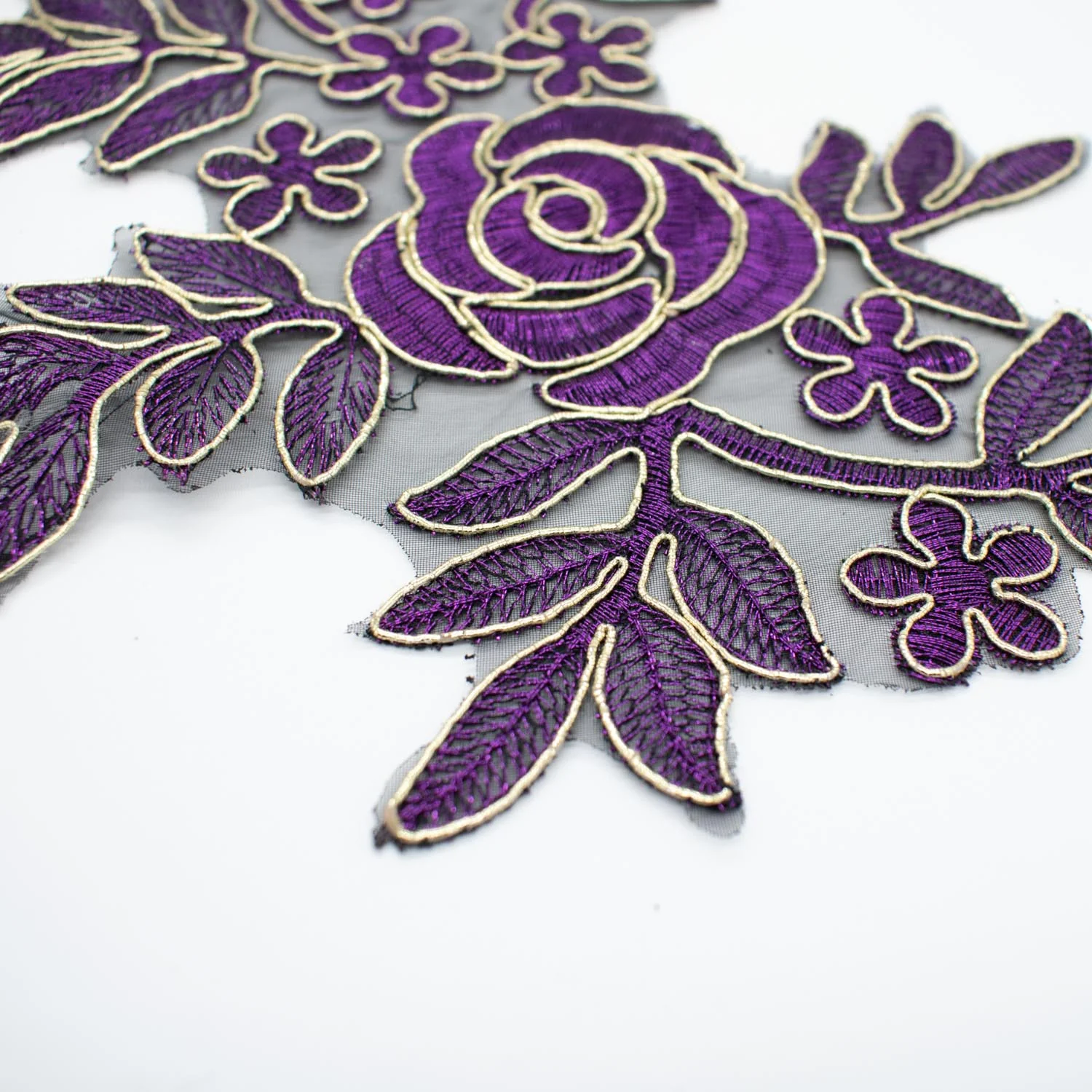 Purple Flower Embroidered Lace Applique Motif Design-MOT-N - Image 3