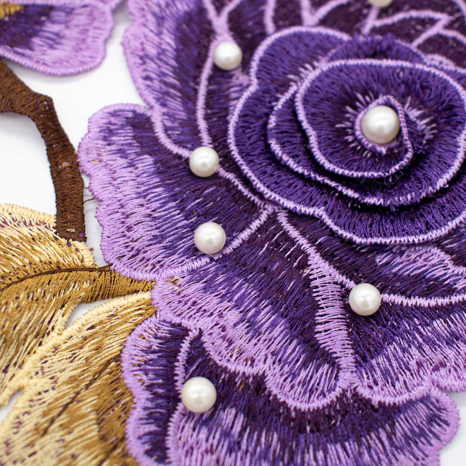 Purple Flower & Pearl Embroidered Applique Motif Design-I-44 - Image 3