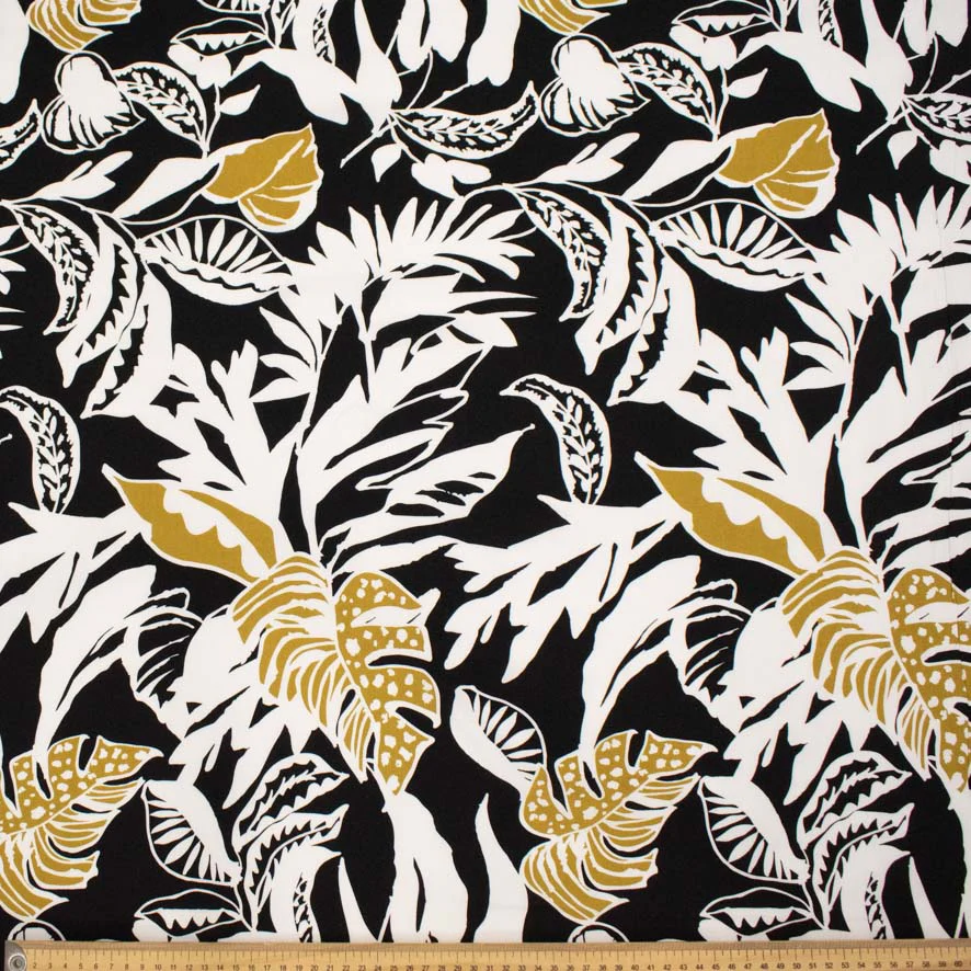 Rayon Poplin Prints Design 14 Gold & White Leaves on Black - Image 2