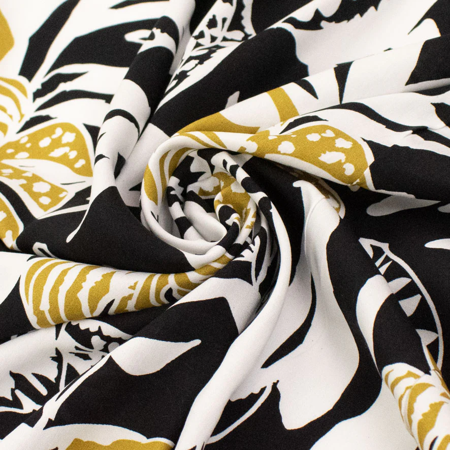 Rayon Poplin Prints Design 14 Gold & White Leaves on Black - Image 3
