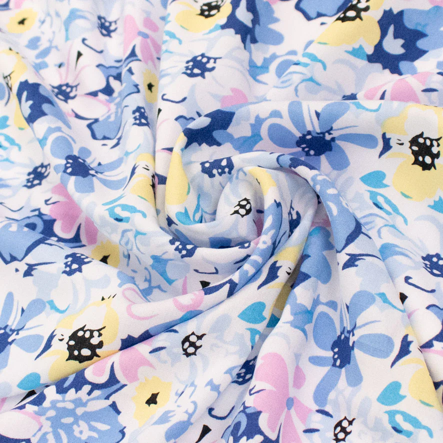 Rayon Poplin Prints Design 32 Blue Pink & Yellow Flowers - Image 2