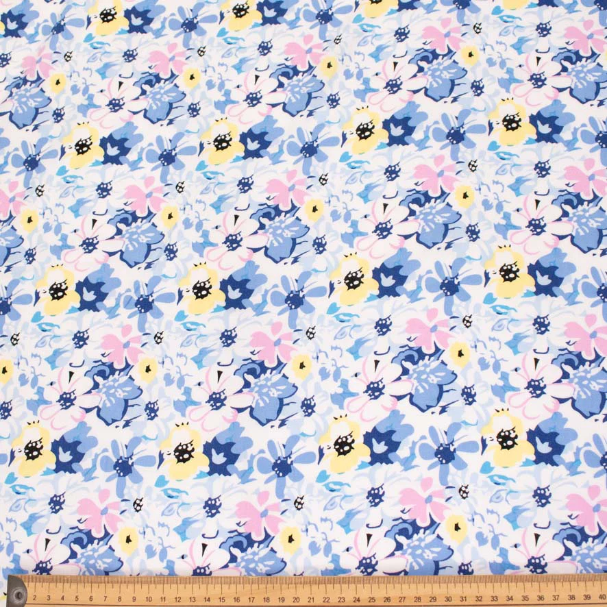 Rayon Poplin Prints Design 32 Blue Pink & Yellow Flowers - Image 3