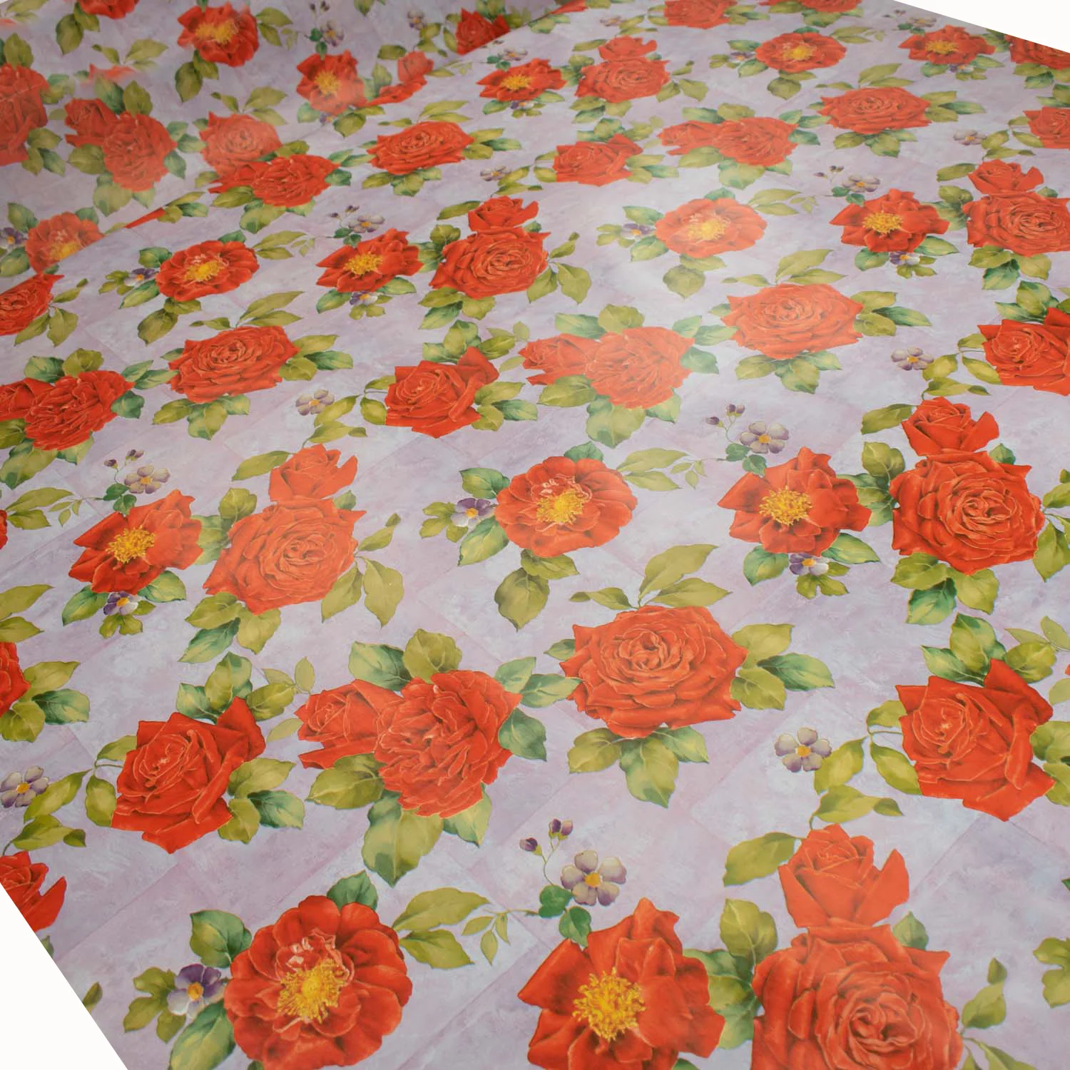 Red Camelia on Lilac Plastic Tablecloth Fabric