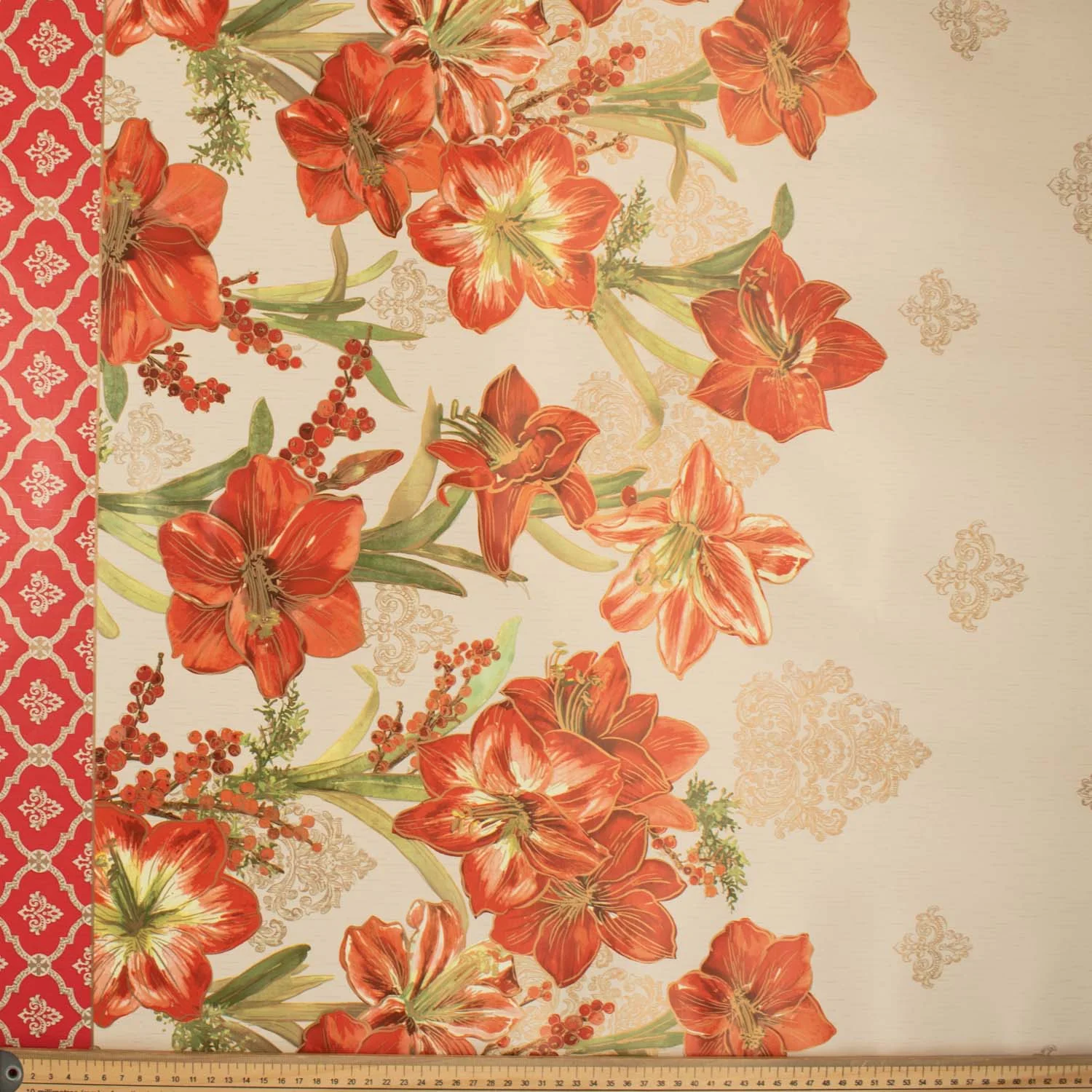 Red Lilium Plastic Tablecloth Fabric - Image 2