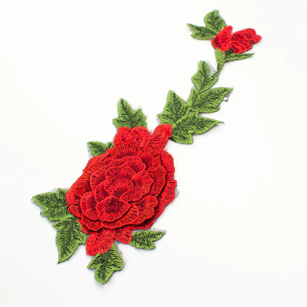 Trellis Red Rose Flower Embroidered Applique Sew On Motif - Image 3
