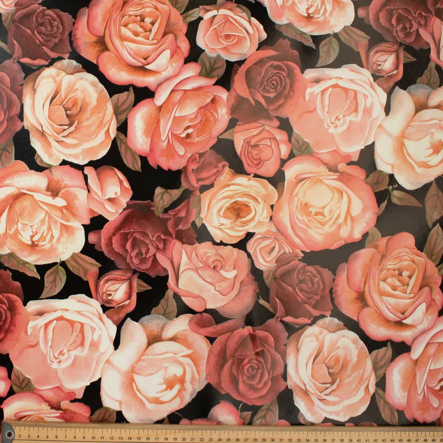 Red Roses on Black Plastic Tablecloth Fabric - Image 2