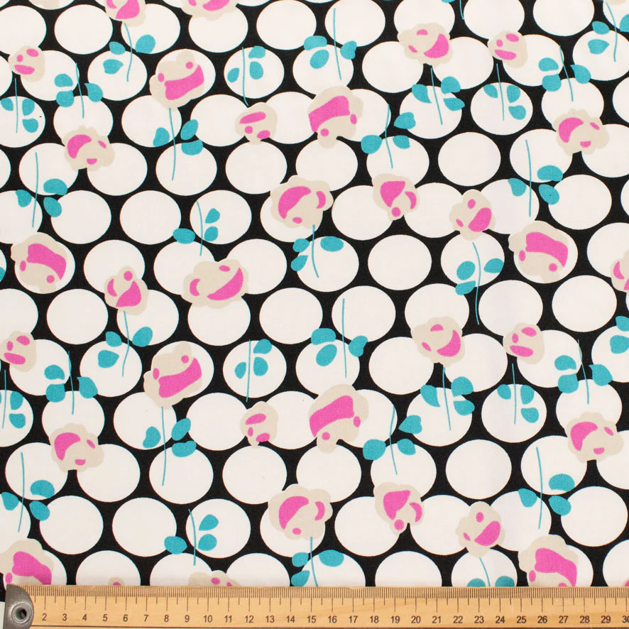 Satin Prints Design-204 Whit Dots and Pink Floral on Black - Image 2
