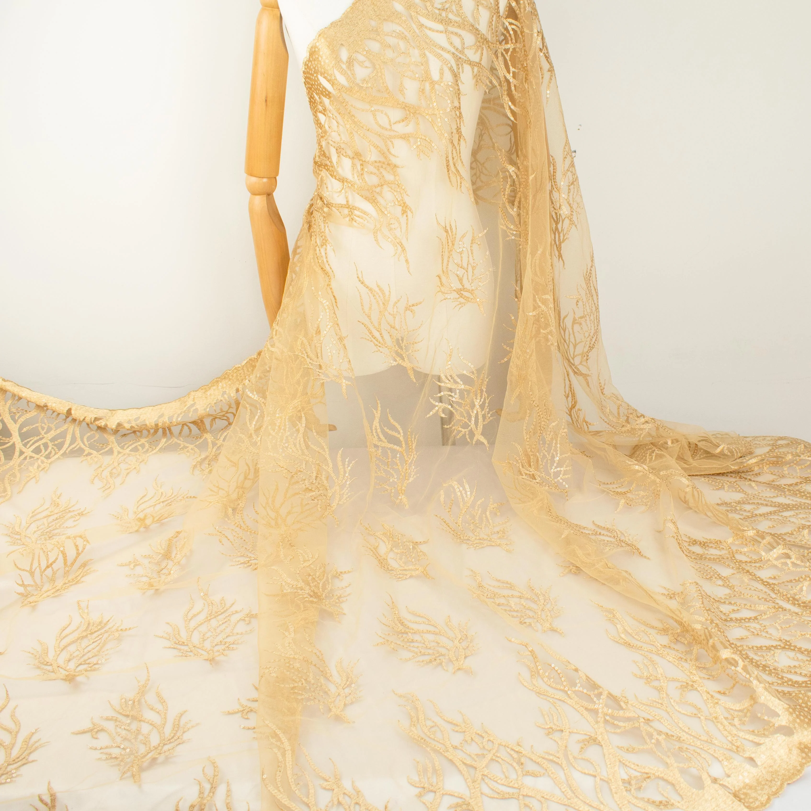 Sequin Coral Embroidered Lace Gold - Image 5