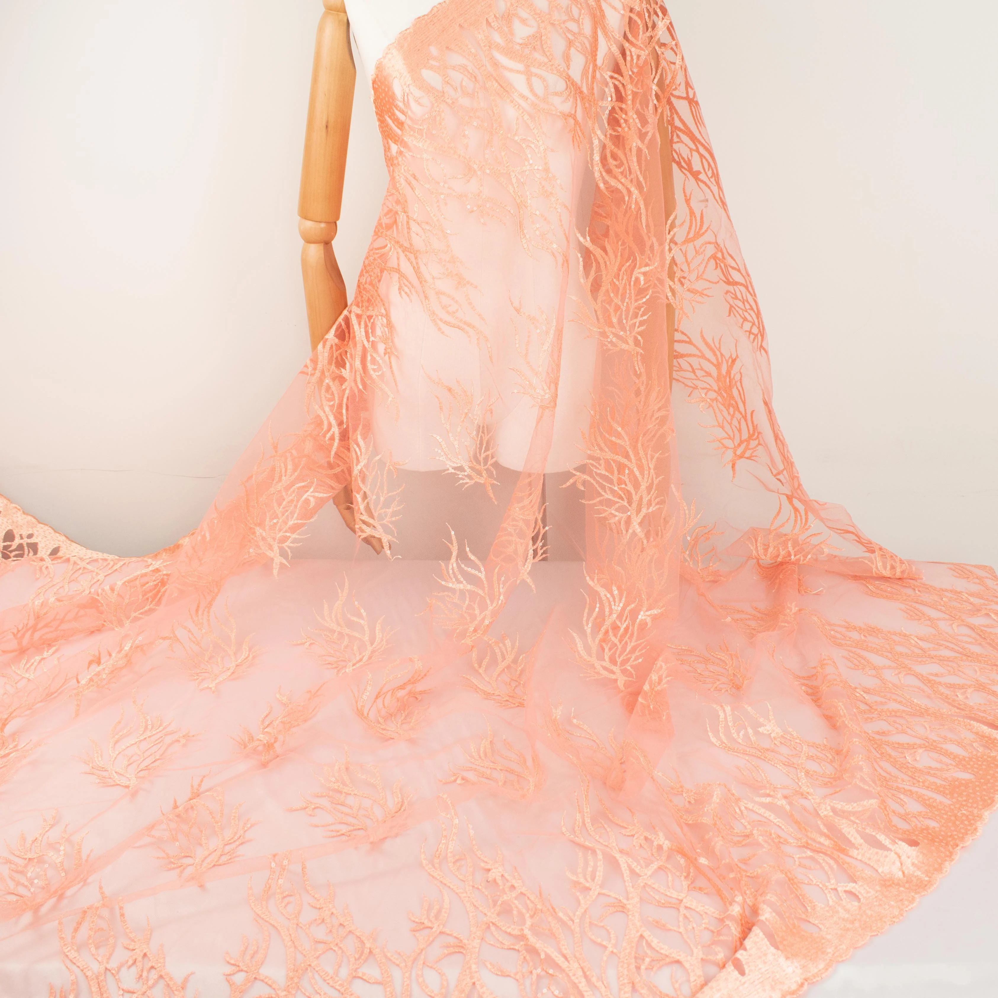 Sequin Coral Embroidered Lace Orange - Image 4