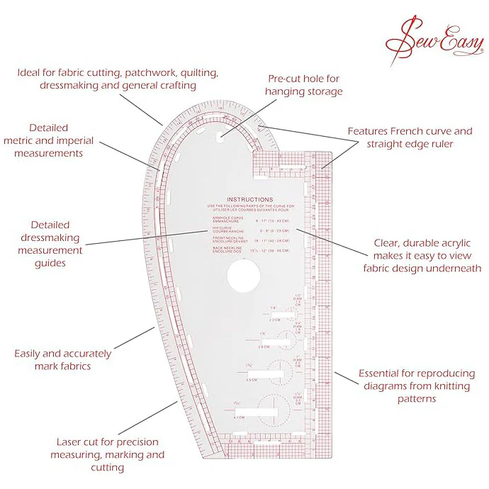 Sew Easy Curve Versatile Pattern Making Ruler 35cm x 18cm - Image 2