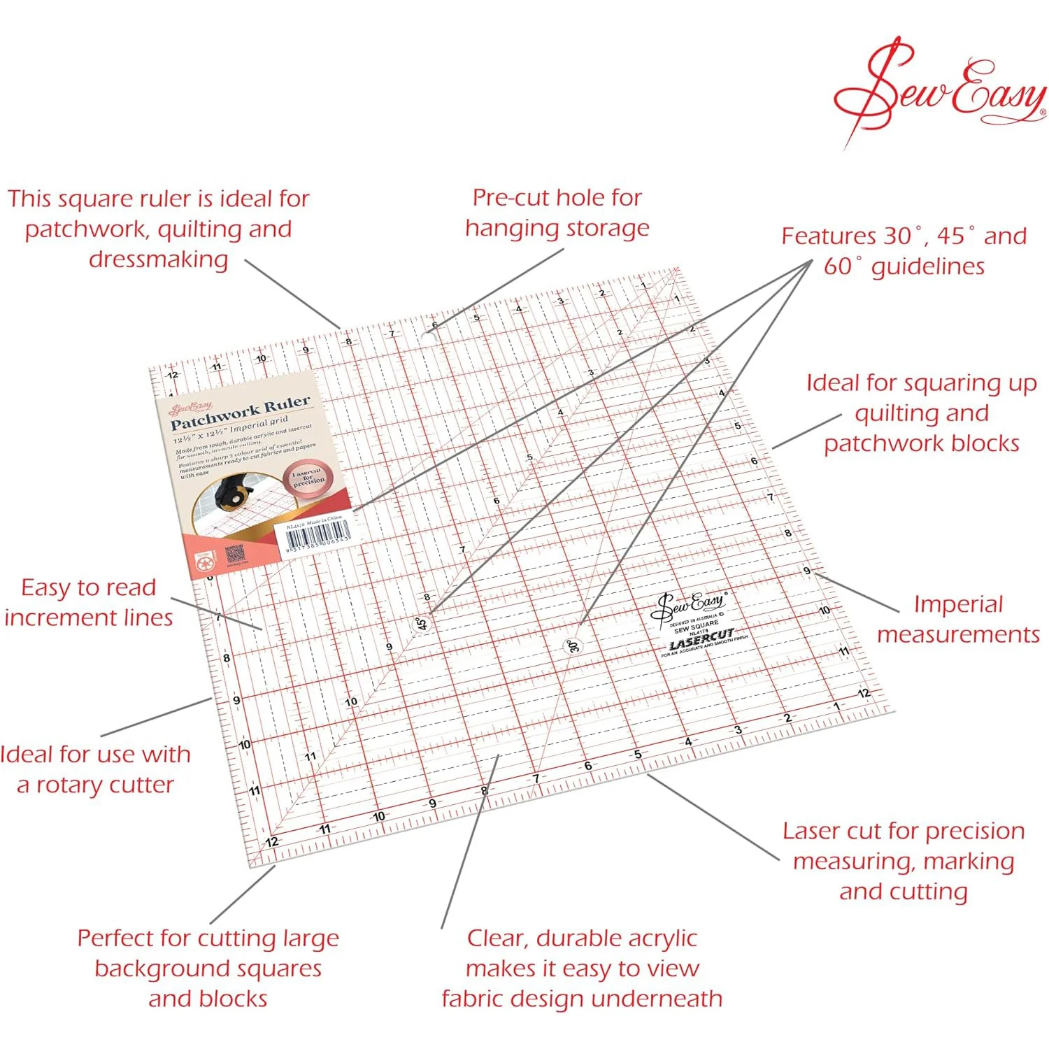 Sew Easy Quilting Patchwork Square Ruler 12.5" x 12.5" - Image 2